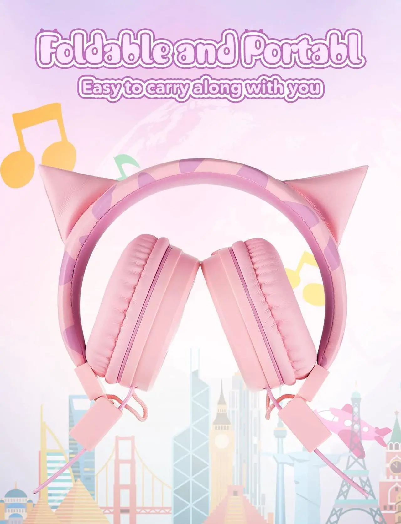 Alt view image 2 of 5 - SIMJAR Kids Bluetooth Headphones & Cat Ear Kids Headphones with Microphone for School, Volume Limiter 85/94dB, Wired Girls Headphones with Foldable Design for Online Learning/Travel/Tablet/iPad
