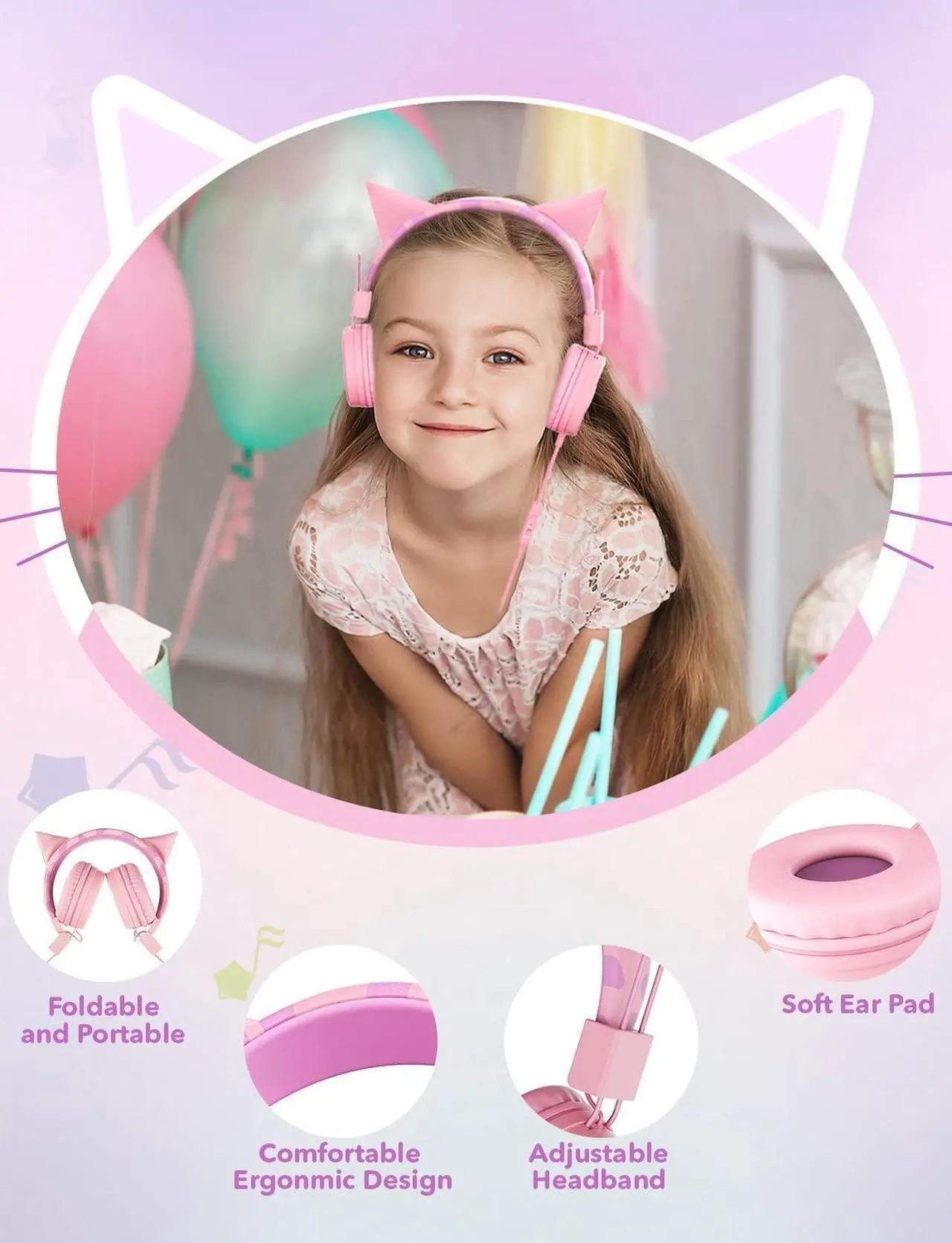 Alt view image 4 of 5 - SIMJAR Kids Bluetooth Headphones & Cat Ear Kids Headphones with Microphone for School, Volume Limiter 85/94dB, Wired Girls Headphones with Foldable Design for Online Learning/Travel/Tablet/iPad