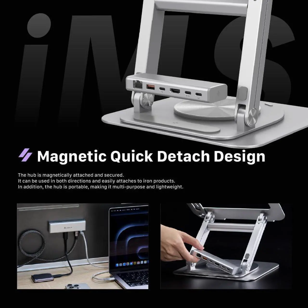 Alt view image 3 of 5 - ADAM elements USB-C Stand Ultra/Laptop Docking Station - CASA Hub Stand Ultra USB-C Magnetic 6in1 Hub Stand for All MacBook, iPad & USB-C Laptop - USB-C Host, USB-C PD, USB-C, USB-A, HDMI, RJ45