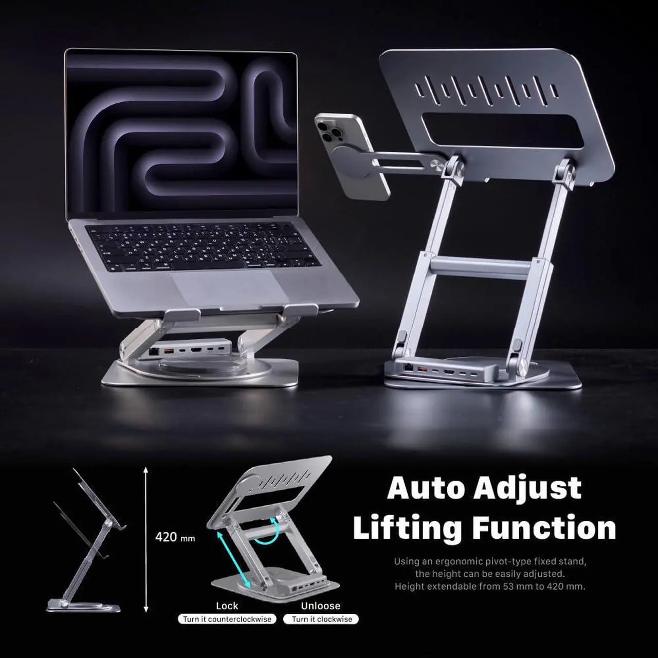 Alt view image 4 of 5 - ADAM elements USB-C Stand Ultra/Laptop Docking Station - CASA Hub Stand Ultra USB-C Magnetic 6in1 Hub Stand for All MacBook, iPad & USB-C Laptop - USB-C Host, USB-C PD, USB-C, USB-A, HDMI, RJ45