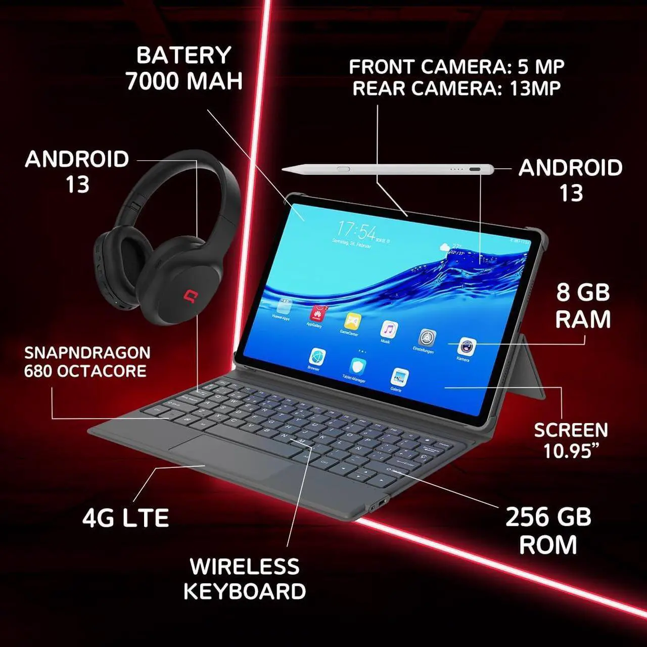 Alt view image 3 of 5 - Compaq QTab Pro 8 GB RAM 256 GB Capacity + Keyboard+ Headphones Noise Cancelling + Stylus Pen I LCD 10.95" I Android 13 I Qualcomm Snapdragon 680 I LTE I Rear Camera 13Mp I 7000 mAh