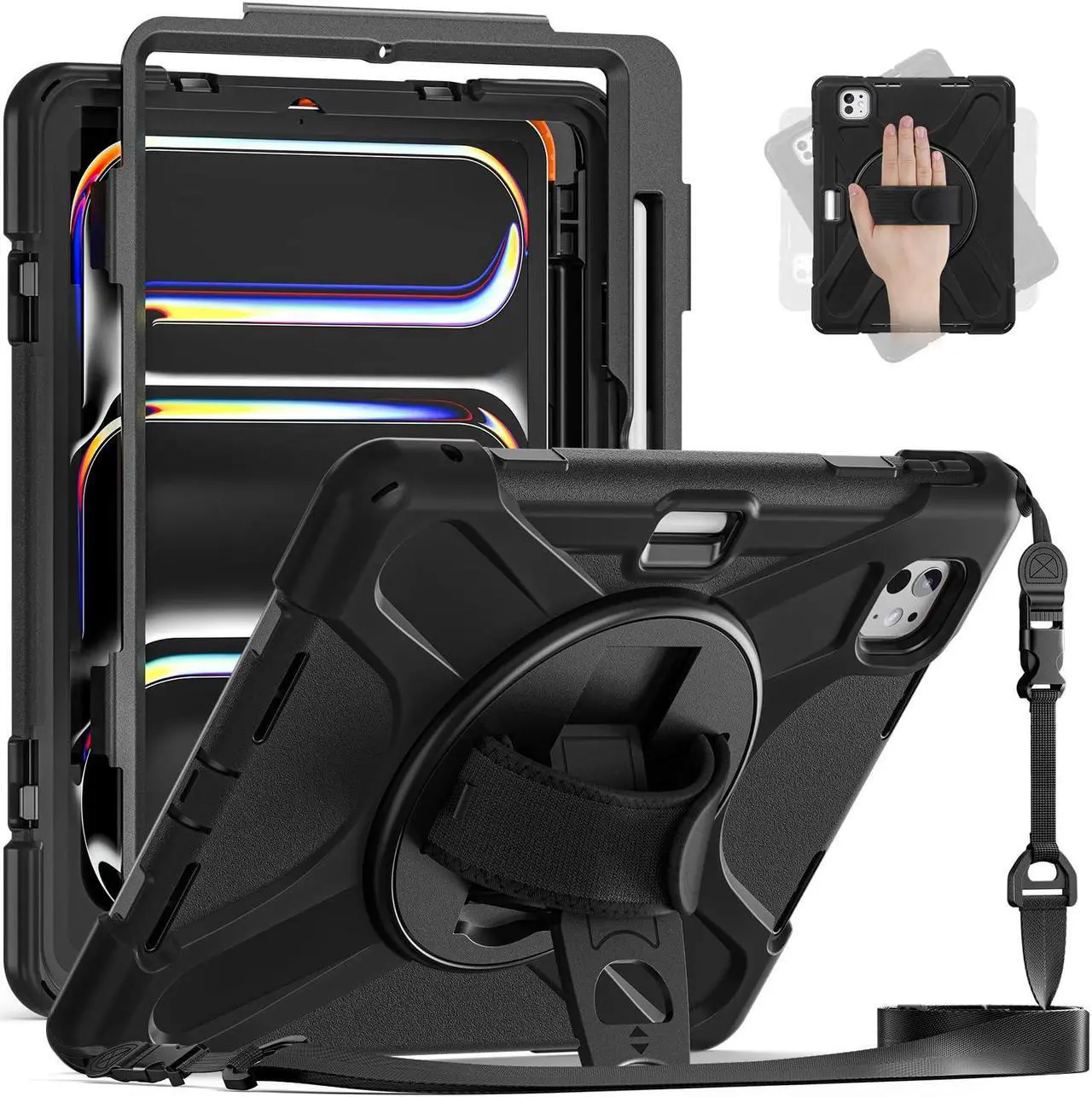Main image of Batianda Case for iPad Pro 13-inch (2024) M4 Chip Model A2925 Heavy Duty Rugged Durability Silicone Tablet Cover with 360deg Rotating Hand Strap Foldable Hidden Stand & Shoulder Strap, Black
