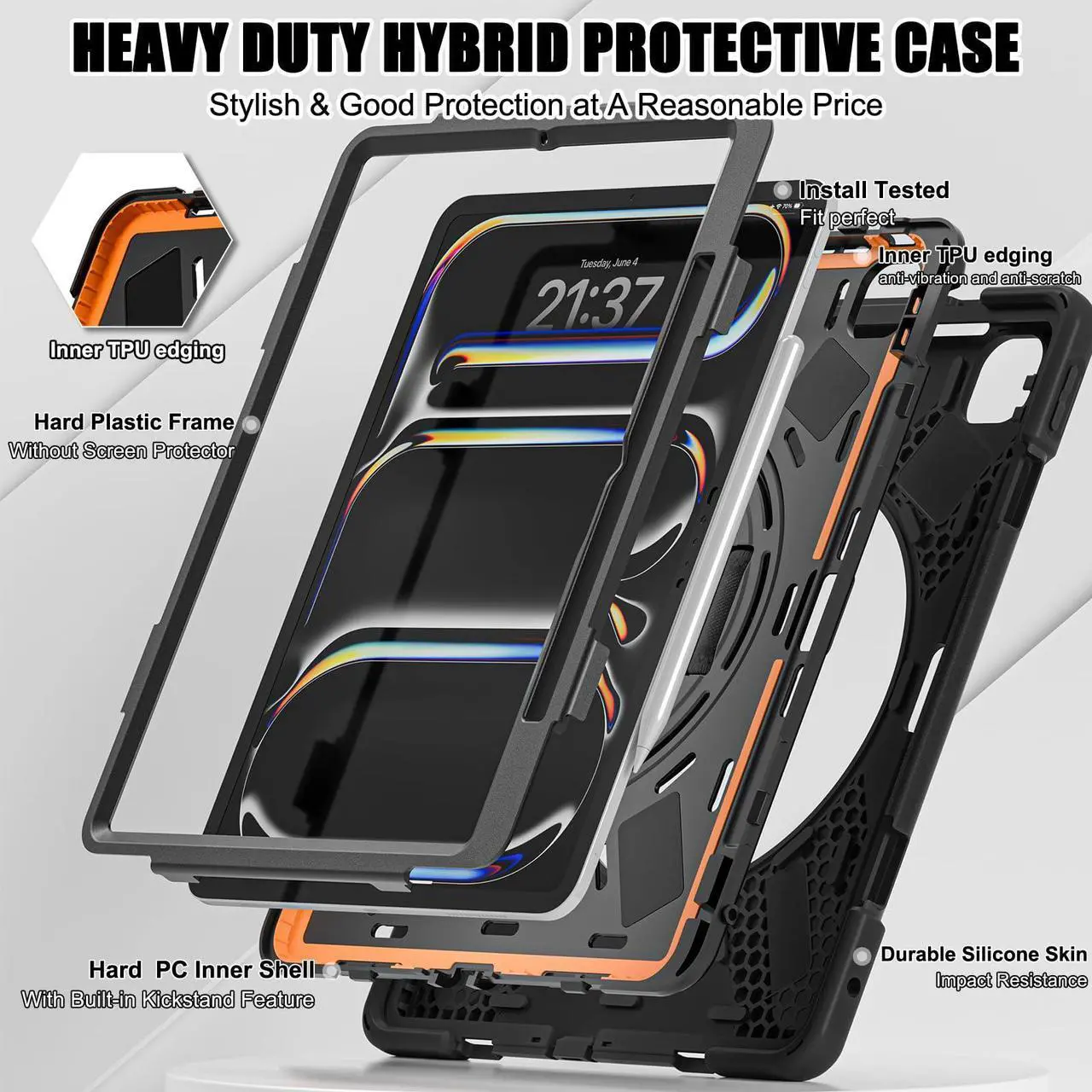 Alt view image 2 of 5 - Batianda Case for iPad Pro 13-inch (2024) M4 Chip Model A2925 Heavy Duty Rugged Durability Silicone Tablet Cover with 360deg Rotating Hand Strap Foldable Hidden Stand & Shoulder Strap, Black