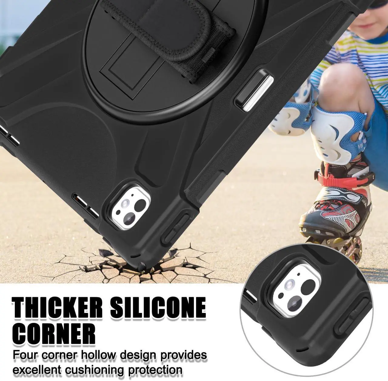 Alt view image 4 of 5 - Batianda Case for iPad Pro 13-inch (2024) M4 Chip Model A2925 Heavy Duty Rugged Durability Silicone Tablet Cover with 360deg Rotating Hand Strap Foldable Hidden Stand & Shoulder Strap, Black