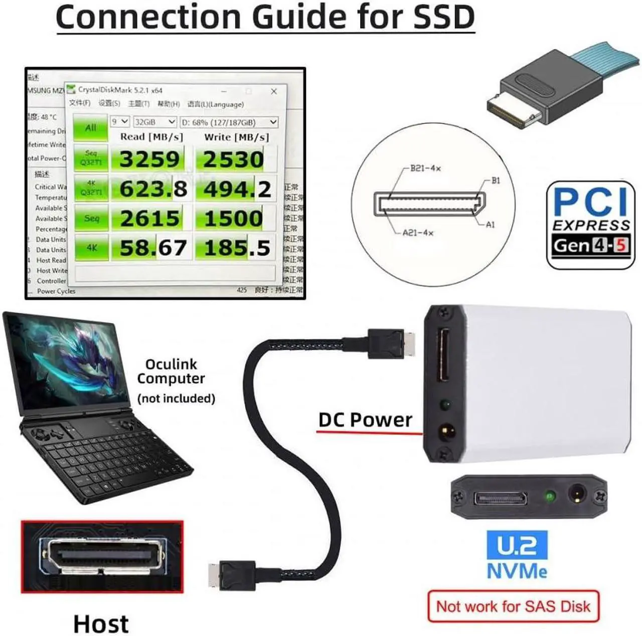 Alt view image 3 of 5 - CY External Oculink SFF-8612 SFF-8611 to M.2 NGFF M-Key to NVME PCIe SSD 2280 SSD Enclosure Adapter for Mainboard