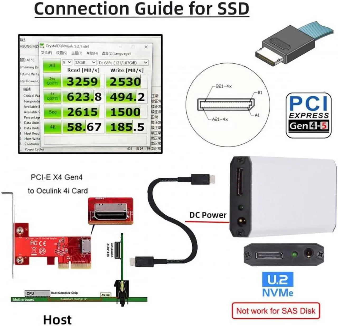 Alt view image 4 of 5 - CY External Oculink SFF-8612 SFF-8611 to M.2 NGFF M-Key to NVME PCIe SSD 2280 SSD Enclosure Adapter for Mainboard