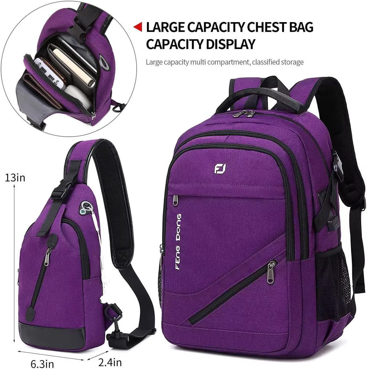Alt view image 3 of 5 - FENGDONG Large Laptop Backpack 17.3 inch Waterproof Travel College Backpack Bookbag,Crossbody Sling Bags for Men & Women Business Backpack Dark Purple