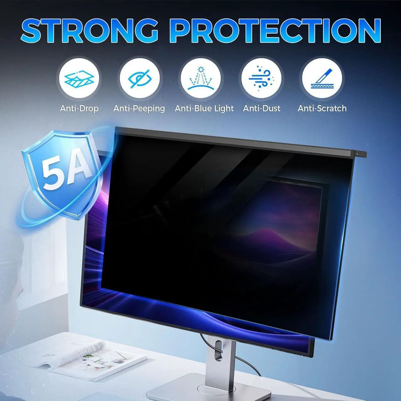Alt view image 2 of 5 - 5A Magnetic Computer Privacy Screen Filter 21.5-22 Inch for Computer Monitor, Eye Protection Anti Glare Blue Light Computer Privacy Shield Panel, Removable Anti-Scratch Protector