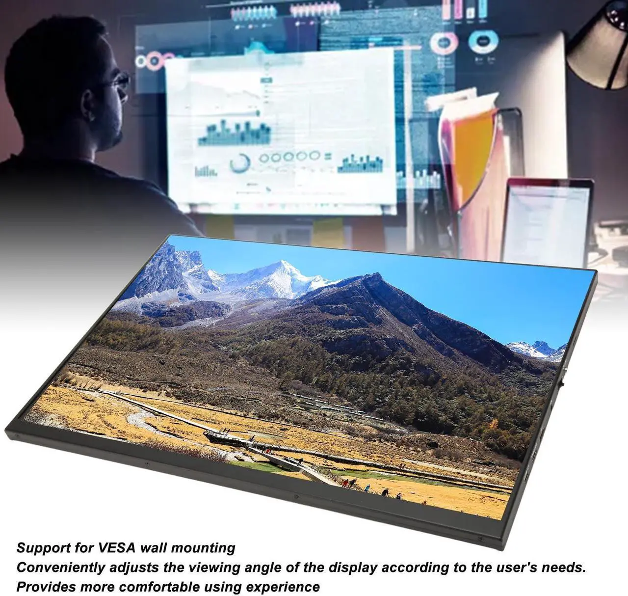 Alt view image 4 of 5 - 18 Inch Portable Monitor, 2.5K (2560x1600) 16:10 144HZ Dual Speakers Mini 3.5mm Type C Second External Monitor for Laptop, Wall Mount Portable Display Screen (US Plug)