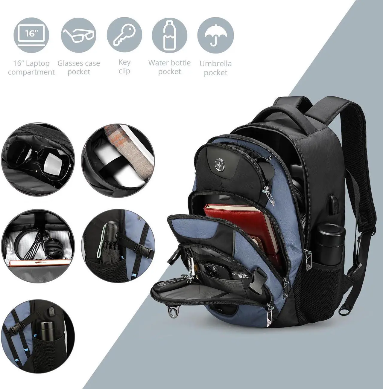Alt view image 5 of 5 - Swissdigital Design Large Business Laptop Backpack with Smart USB Charging Port Travel Backpack Fits 15.6 inches laptops (VECTOR SD803-16 Haze Blue/Black) One Nation One World