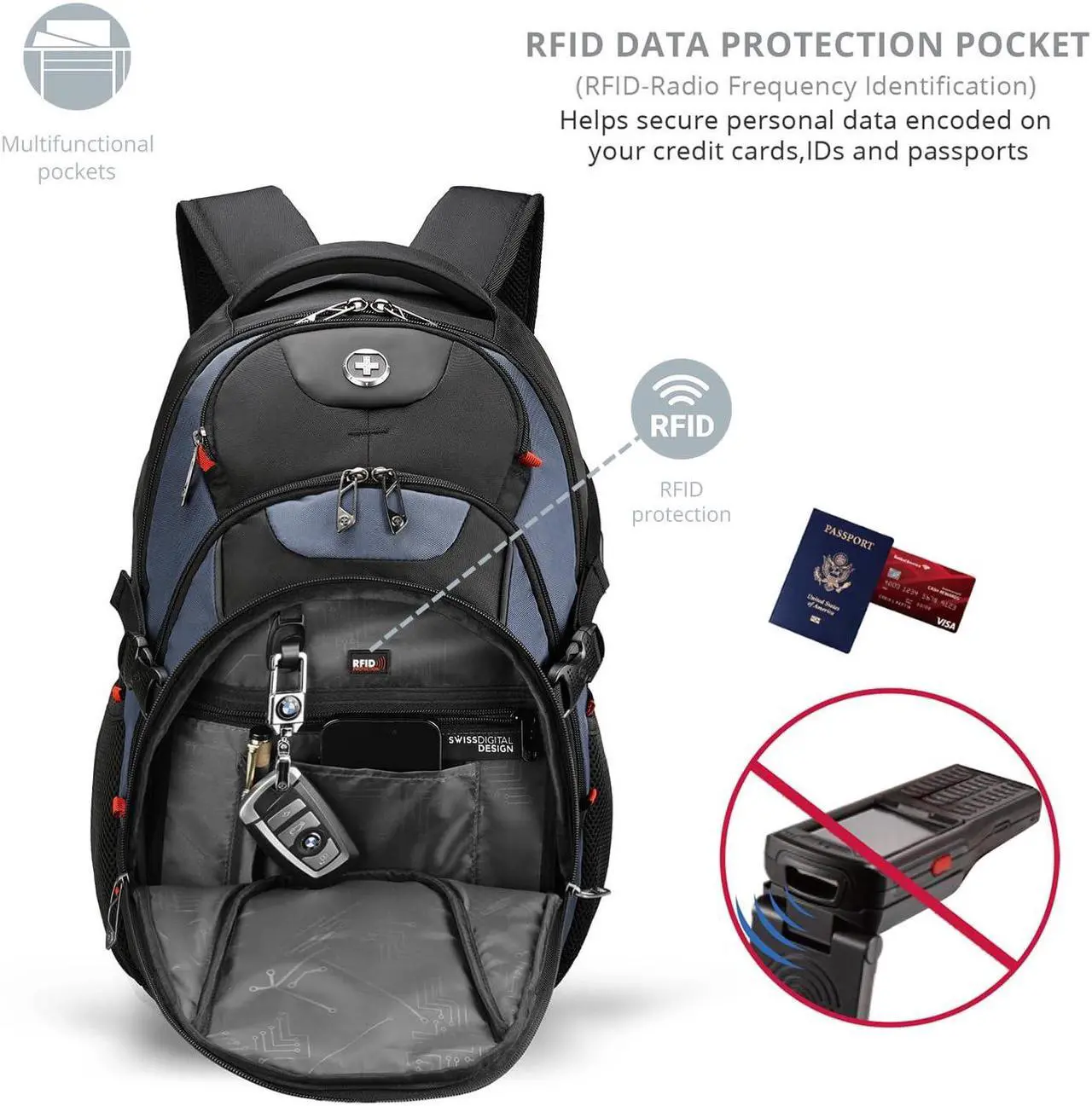 Alt view image 4 of 5 - Swissdigital Design Large Business Laptop Backpack with Smart USB Charging Port Travel Backpack Fits 15.6 inches laptops (VECTOR SD803-16 Haze Blue/Black) One Nation One World