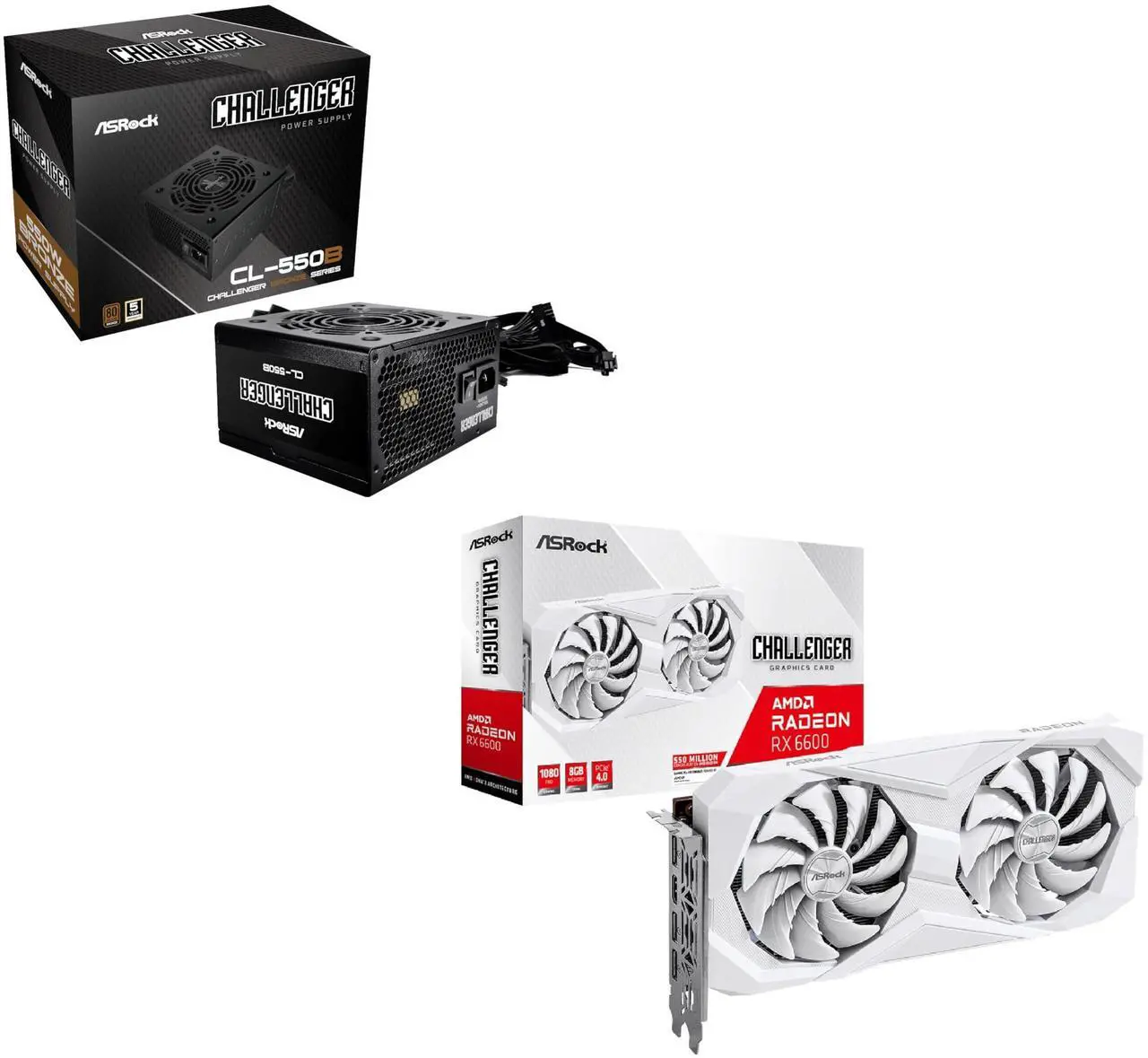 Main image of ASRock AMD Radeon RX 6600 Challenger White 8GB GDDR6 128-bit Grahipcs Card and 80+ Bronze Power Supply 550W ATX 2.52