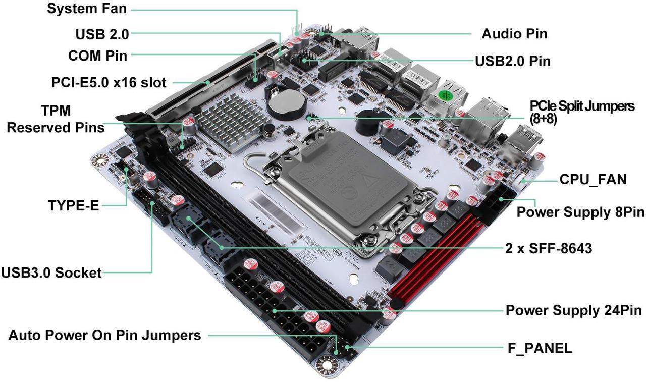 Alt view image 3 of 5 - StoneStorm Q670 8-Bay NAS Mini ITX Motherboard(LGA1700, 12th/13th/14th Gen. Desktop Processor), 2*U-DIMM DDR5 MAX 64G, 3*M.2 NVMe, 8*SATA, i226-LM 2.5G vPro, 3*USB3.2, 1*Type-C 20Gbps, Dual 4K Display