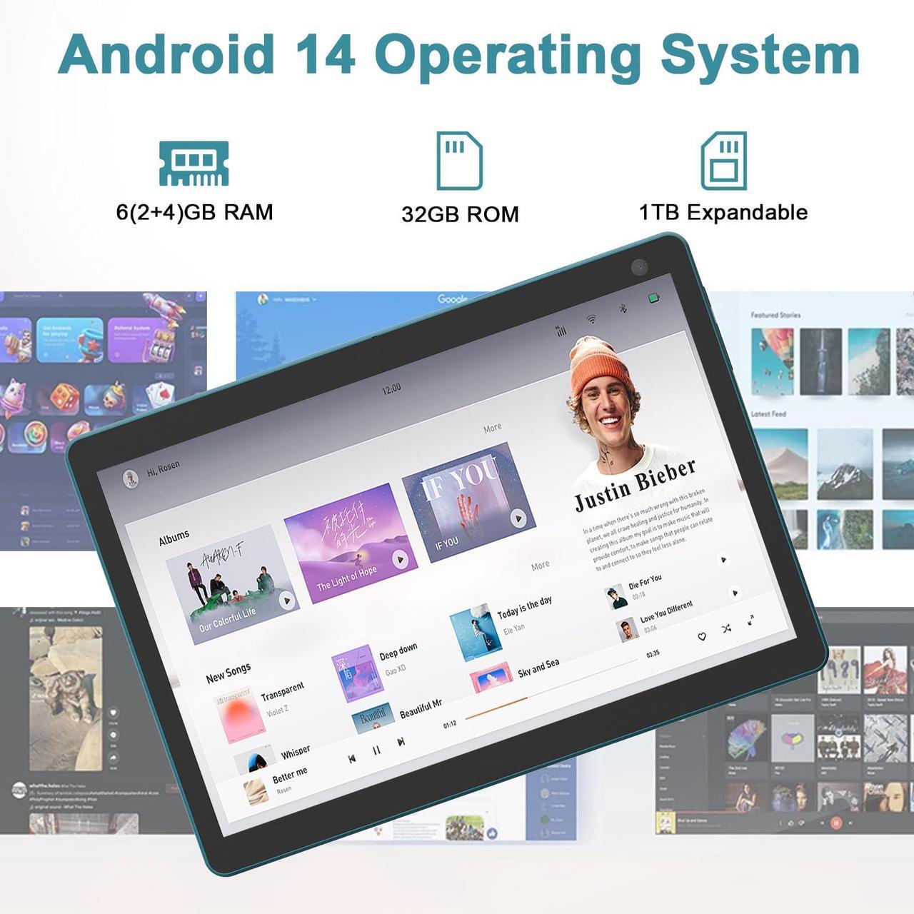 Alt view image 2 of 5 - Android 14 Tablet, 10 inch 6GB RAM+32GB ROM+1TB Expand Tablet, 1.8Ghz Quad-core Processor, 2MP+8MP Dual Camera, 1280*800 IPS Touch Screen Tablet Computer, WiFi, Bluetooth, 6000mAh Battery Tablet PC
