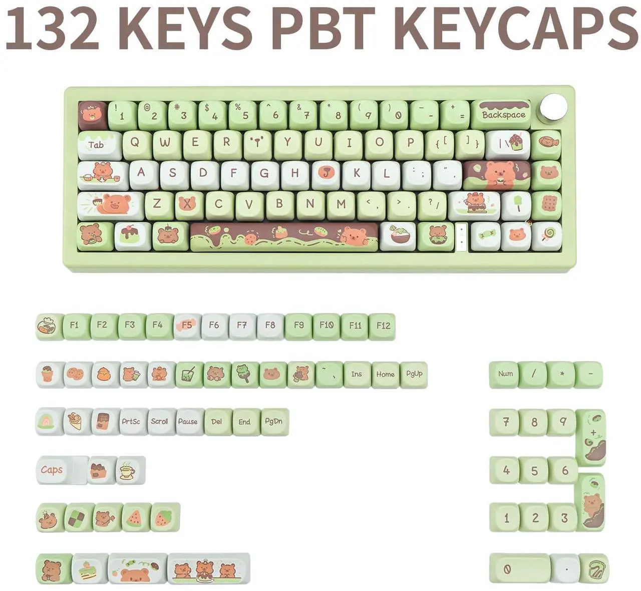 Alt view image 2 of 4 - COOMICKEY MOA Profile Keycaps, PBT Keycaps 132 Keys, Cute Cartoon Keycap Custom Keyboard Keycap Full Set, Green Keycap Set for 60% 65% 75% 80% 100% Mechanical Keyboard