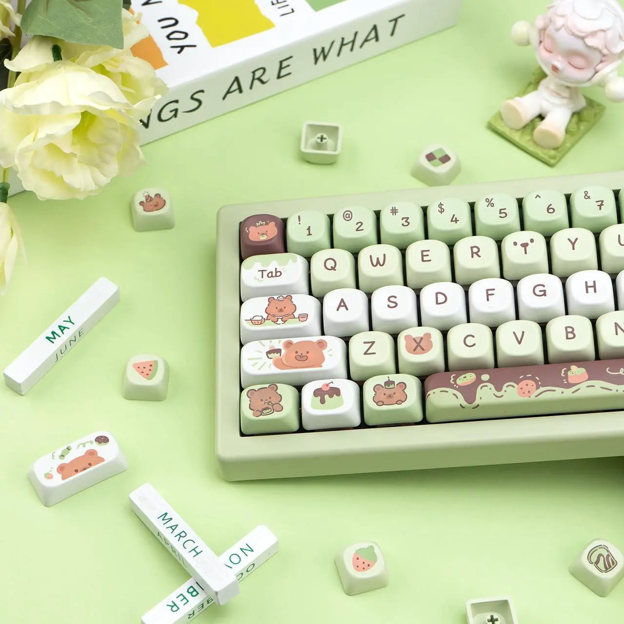 Alt view image 3 of 4 - COOMICKEY MOA Profile Keycaps, PBT Keycaps 132 Keys, Cute Cartoon Keycap Custom Keyboard Keycap Full Set, Green Keycap Set for 60% 65% 75% 80% 100% Mechanical Keyboard