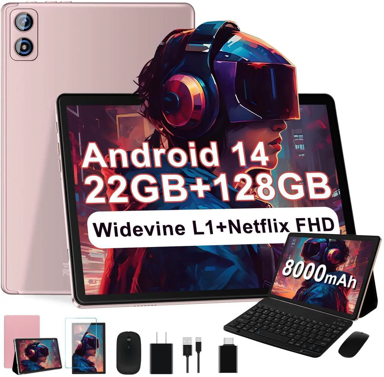 Main image of Dghrti 2024 Android 14 Tablet, 22G+128G/1TB Expansion, 10 inch Tablets with 8000 mAh Battery, Octa-Core, GPS, Split-Screen, Face Unlock, 2 in 1 Tablet with Keyboard, Mouse, Case, Metal Gold