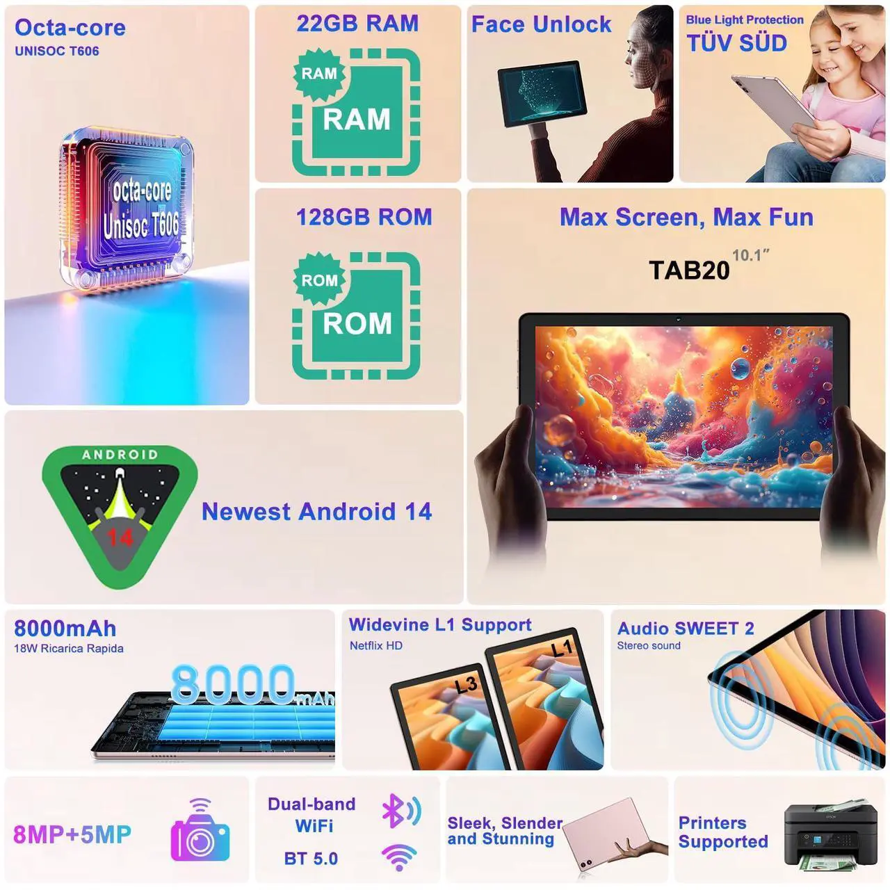 Alt view image 2 of 5 - Dghrti 2024 Android 14 Tablet, 22G+128G/1TB Expansion, 10 inch Tablets with 8000 mAh Battery, Octa-Core, GPS, Split-Screen, Face Unlock, 2 in 1 Tablet with Keyboard, Mouse, Case, Metal Gold