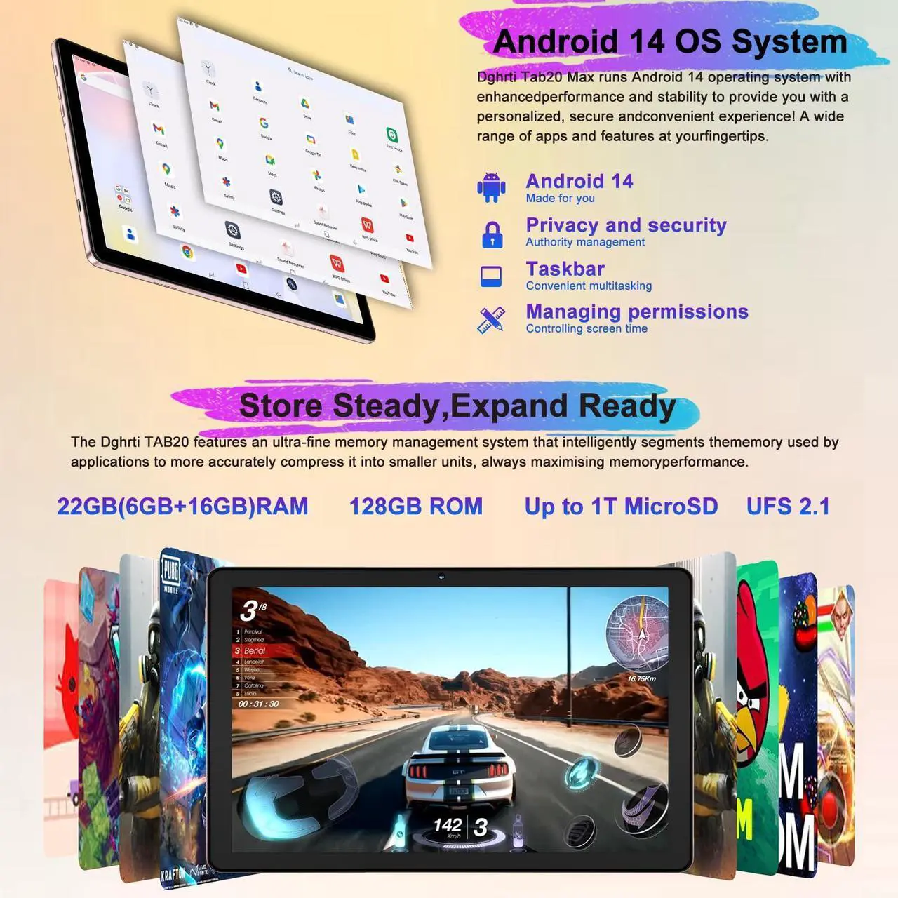 Alt view image 3 of 5 - Dghrti 2024 Android 14 Tablet, 22G+128G/1TB Expansion, 10 inch Tablets with 8000 mAh Battery, Octa-Core, GPS, Split-Screen, Face Unlock, 2 in 1 Tablet with Keyboard, Mouse, Case, Metal Gold