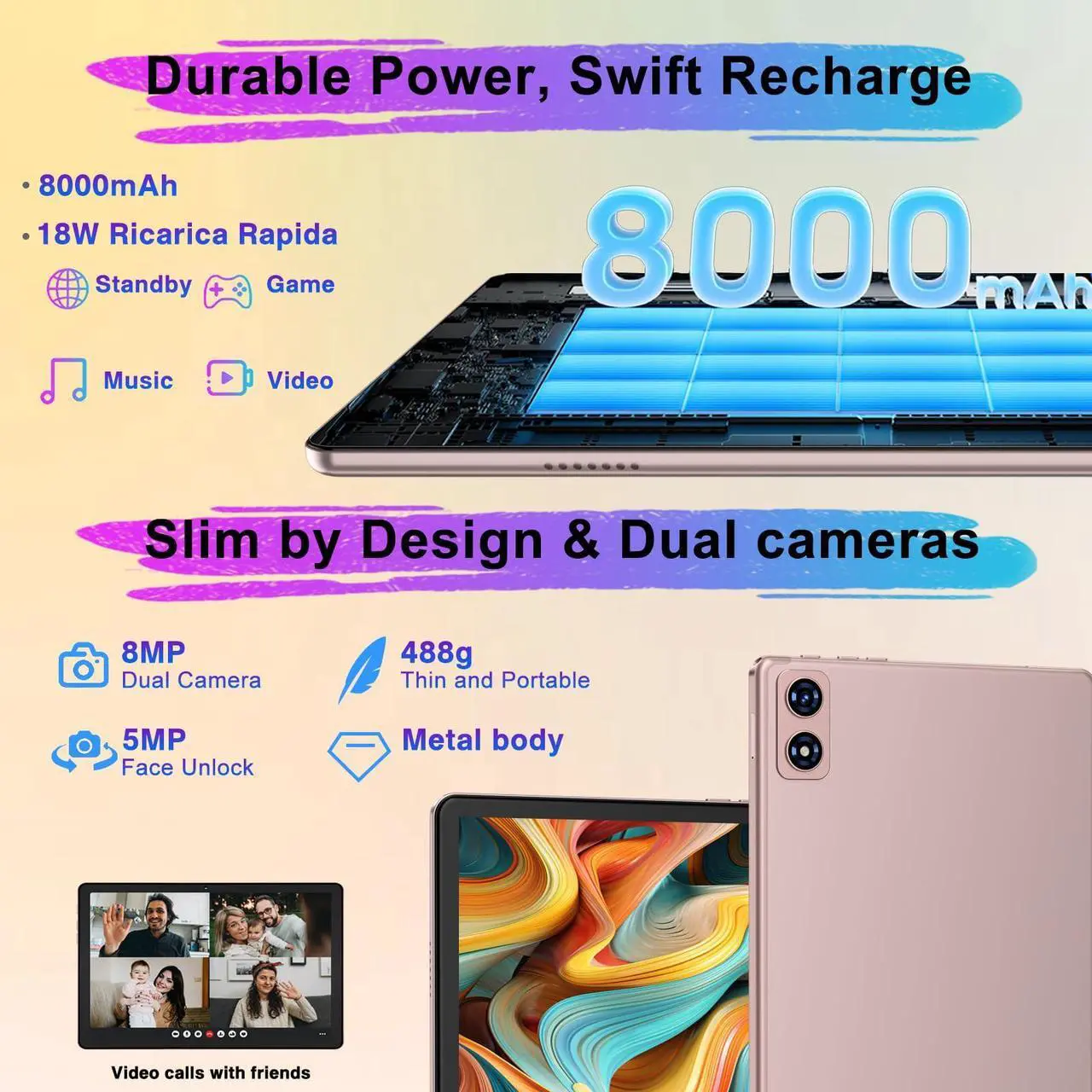 Alt view image 4 of 5 - Dghrti 2024 Android 14 Tablet, 22G+128G/1TB Expansion, 10 inch Tablets with 8000 mAh Battery, Octa-Core, GPS, Split-Screen, Face Unlock, 2 in 1 Tablet with Keyboard, Mouse, Case, Metal Gold
