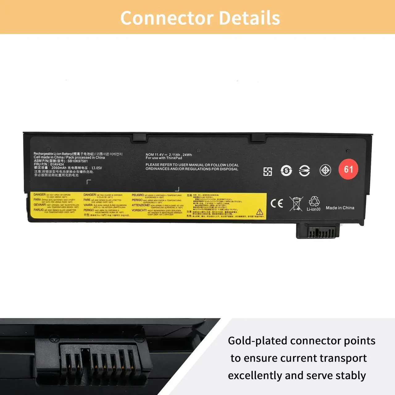 Alt view image 3 of 5 - NBULBL 01AV424 61 SB10K97581 Laptop Battery Replacement for Lenovo ThinkPad A475 T470 T570 T480 T580 P51S P52S TP25 Battery 4X50M08810 01AV422 01AV452 SB10K97579 SB10K97580
