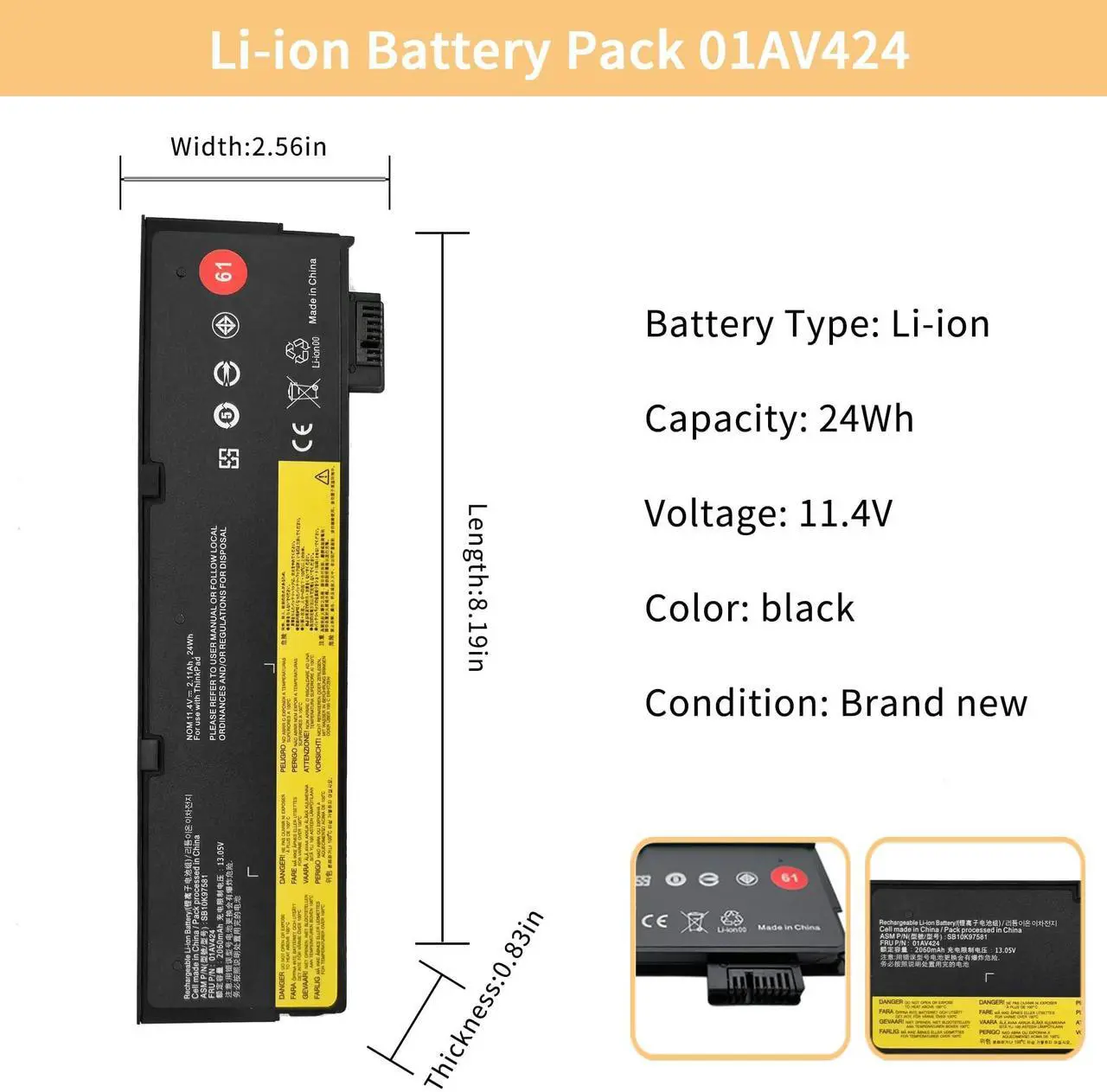 Alt view image 2 of 5 - NBULBL 01AV424 61 SB10K97581 Laptop Battery Replacement for Lenovo ThinkPad A475 T470 T570 T480 T580 P51S P52S TP25 Battery 4X50M08810 01AV422 01AV452 SB10K97579 SB10K97580