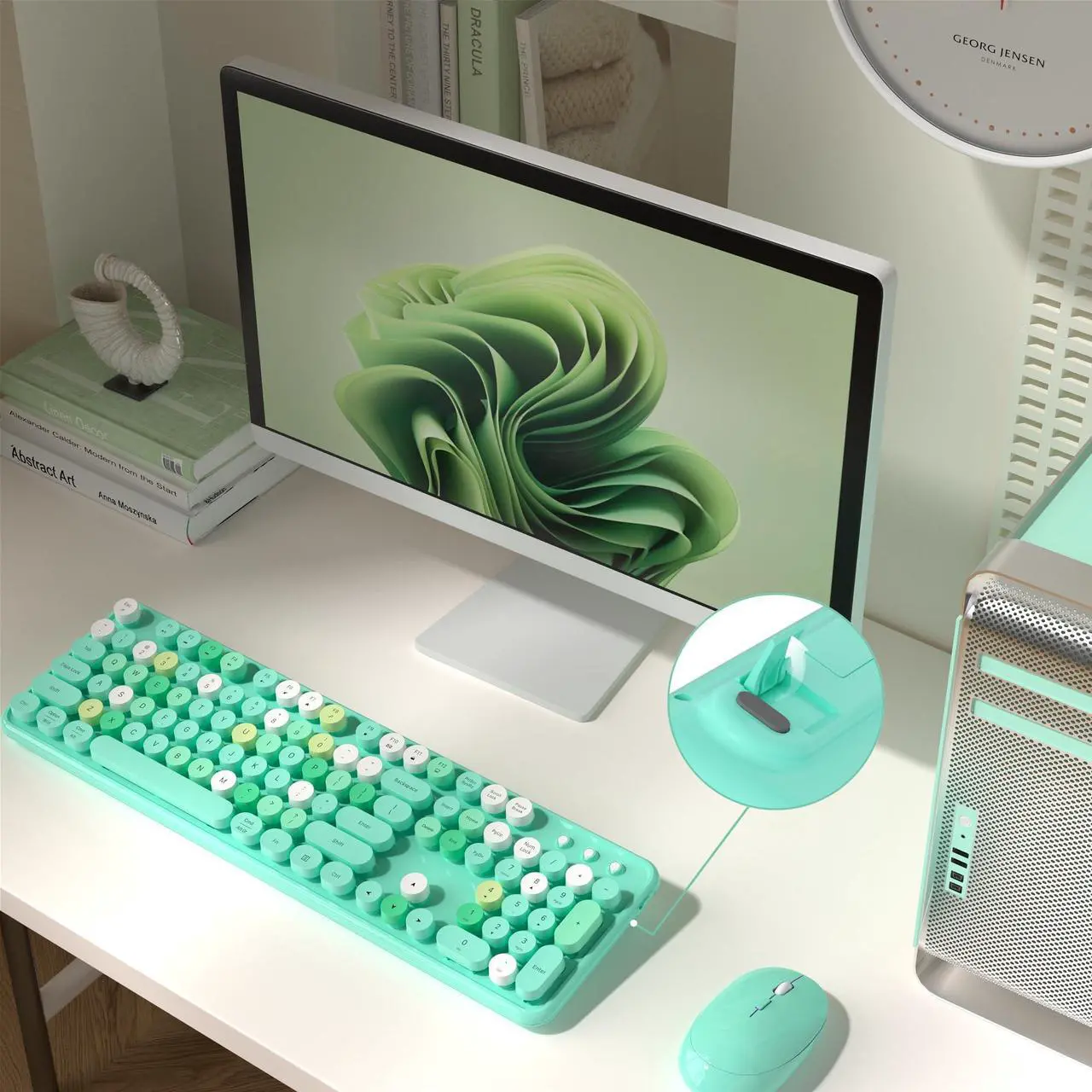 Alt view image 2 of 5 - MPTOG Colorful Wireless Computer Keyboard and Mouse Combo with Round Typewriter Keycaps, Retro Design, Power Switch, Ergonomic Design, 2.4GHz Wireless for Windows, Mac, PC(Green-Colorful)