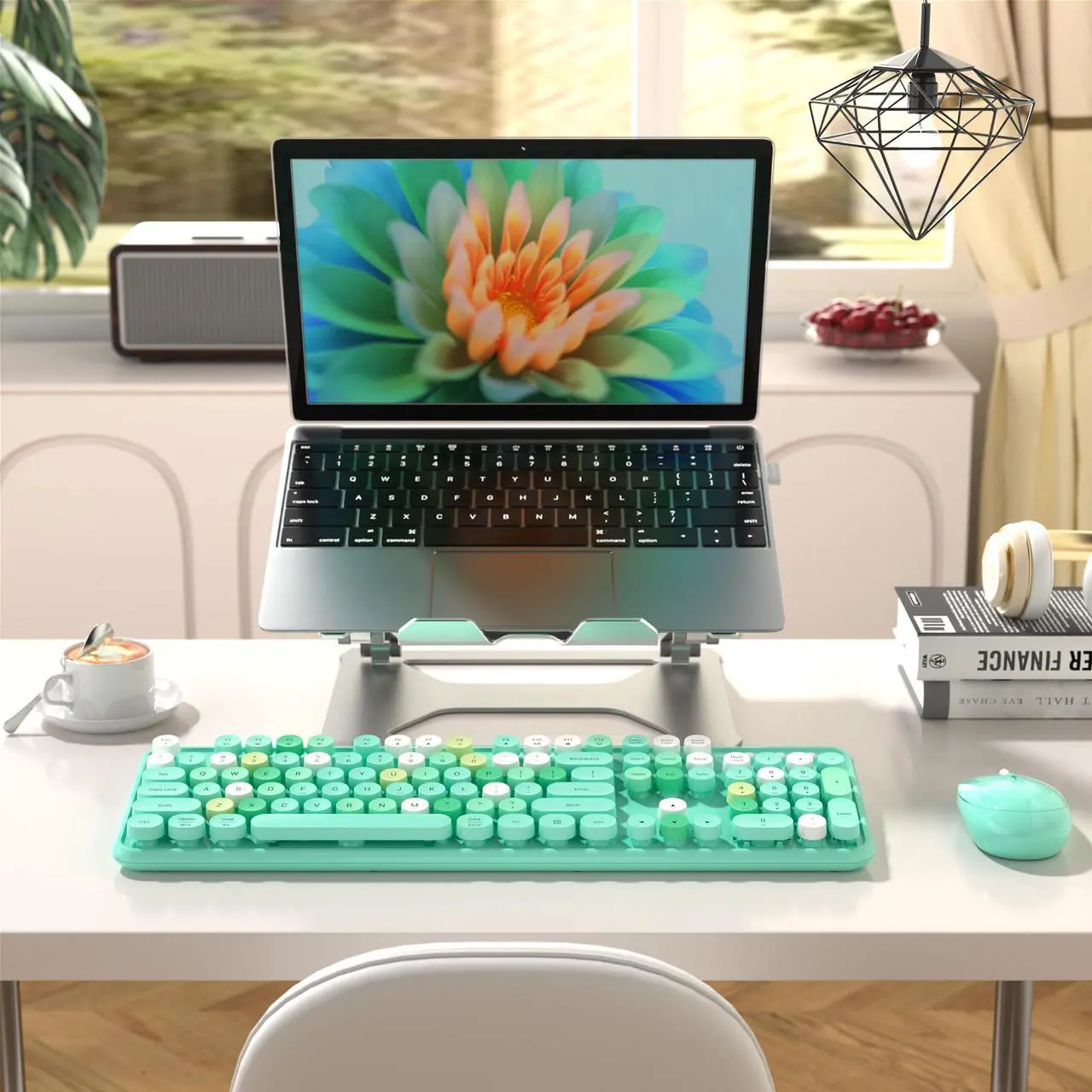 Alt view image 3 of 5 - MPTOG Colorful Wireless Computer Keyboard and Mouse Combo with Round Typewriter Keycaps, Retro Design, Power Switch, Ergonomic Design, 2.4GHz Wireless for Windows, Mac, PC(Green-Colorful)