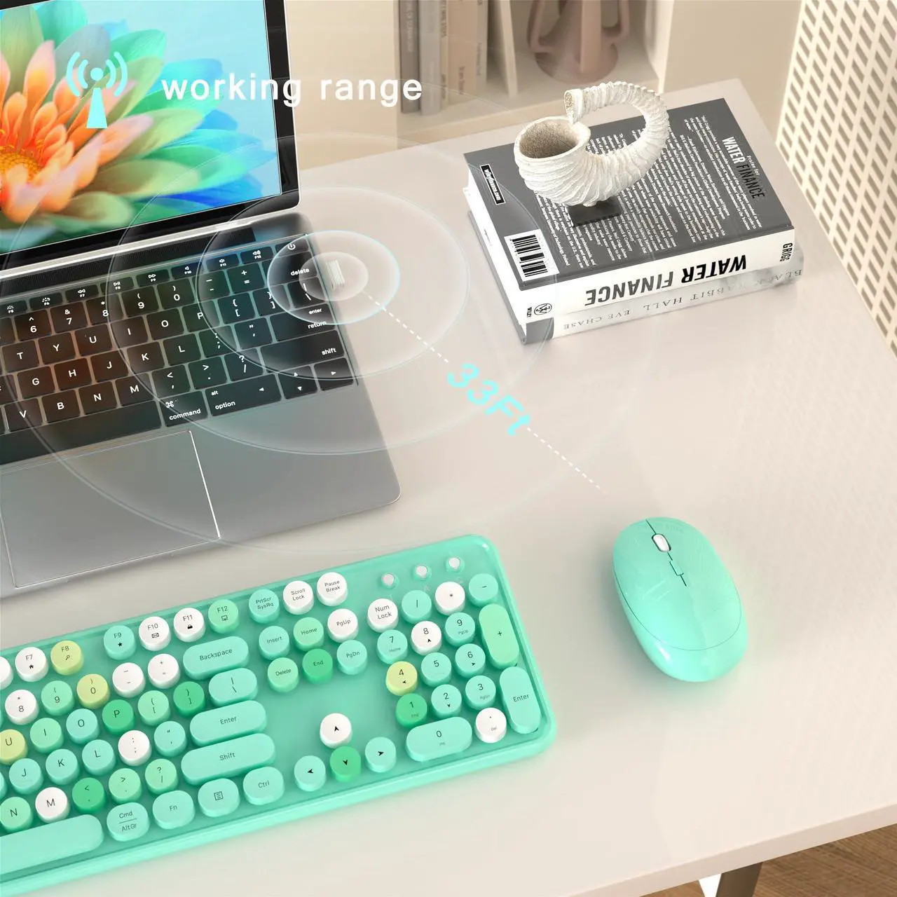 Alt view image 4 of 5 - MPTOG Colorful Wireless Computer Keyboard and Mouse Combo with Round Typewriter Keycaps, Retro Design, Power Switch, Ergonomic Design, 2.4GHz Wireless for Windows, Mac, PC(Green-Colorful)