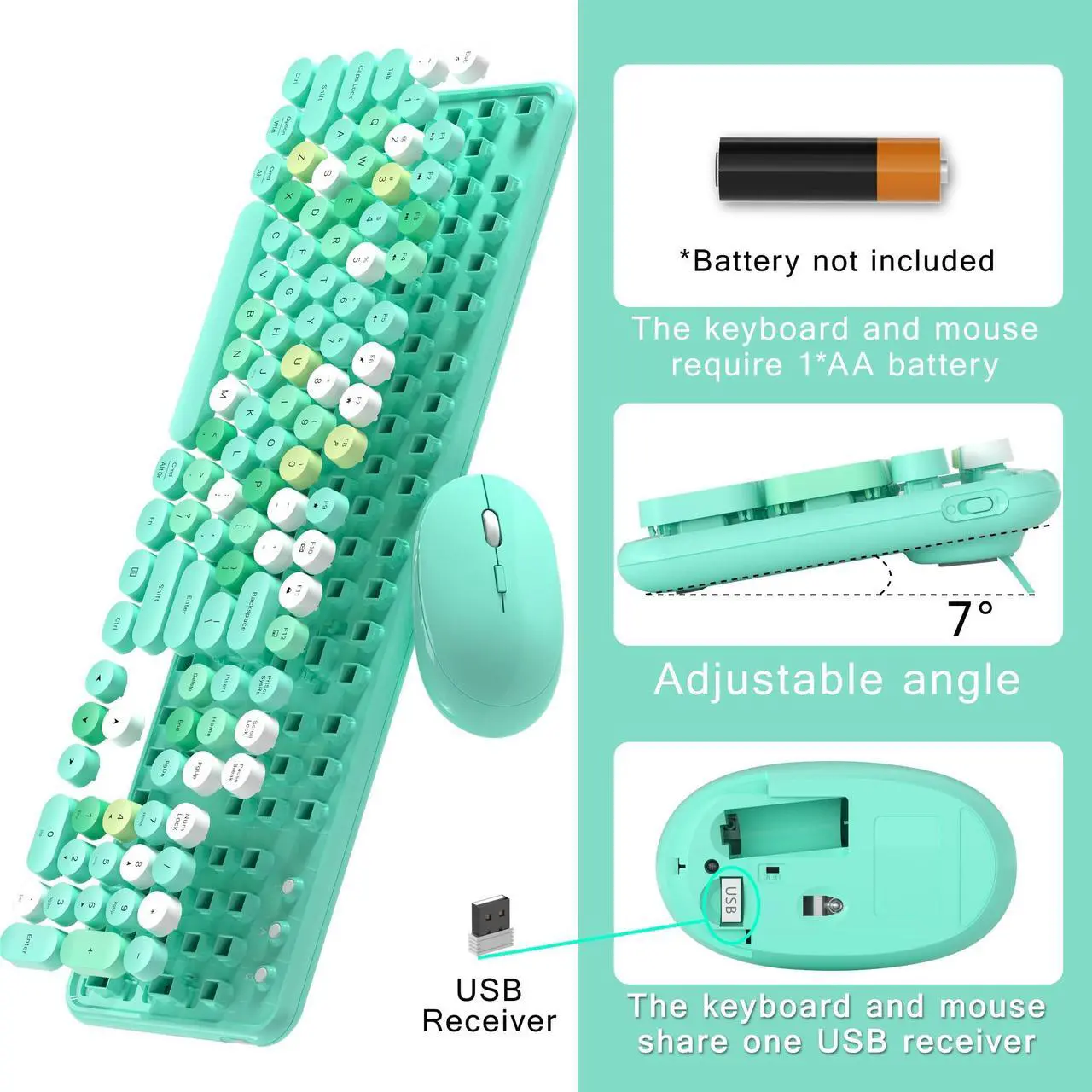 Alt view image 5 of 5 - MPTOG Colorful Wireless Computer Keyboard and Mouse Combo with Round Typewriter Keycaps, Retro Design, Power Switch, Ergonomic Design, 2.4GHz Wireless for Windows, Mac, PC(Green-Colorful)