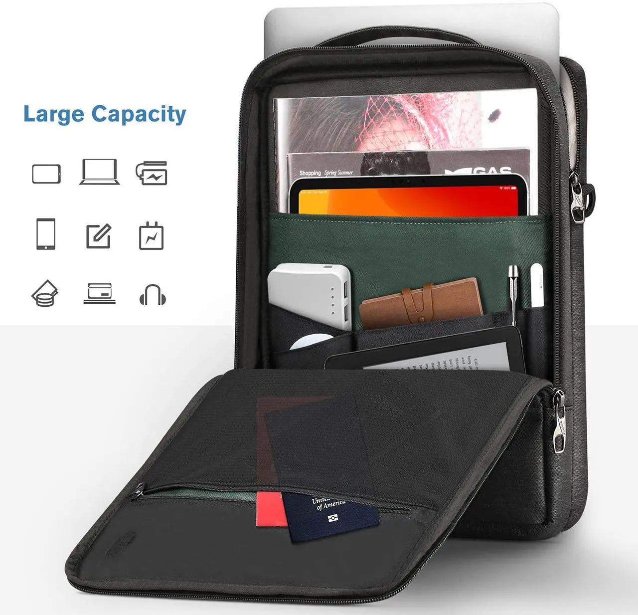 Alt view image 2 of 5 - FINPAC 14-inch Laptop Shoulder Bag, Protective Computer Carrying Case Compatible with 15.3" MacBook Air M4/M3/M2, 15-16" MacBook Air/Pro, Surface Laptop/Book, 14" HP/Dell/Acer/Chromebook, Black