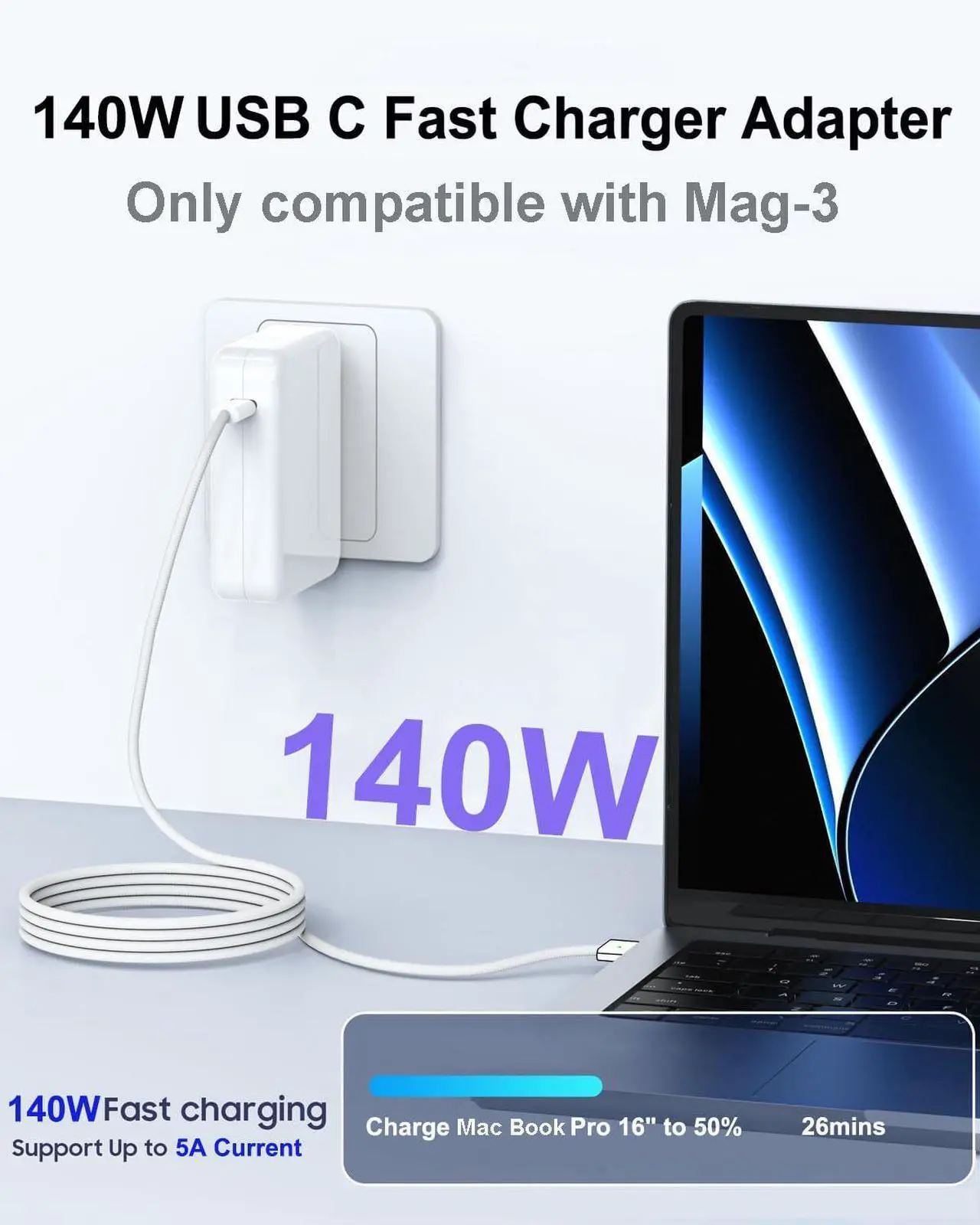Alt view image 2 of 4 - 140W USB-C Charger for Mac Book Pro 14",16"(2021,2022,2023),2024 MacBook pro M4, MacBook Air 13", 15" (2022, 2023, 2024,M1, M2, M3,), 140W Power Adapter