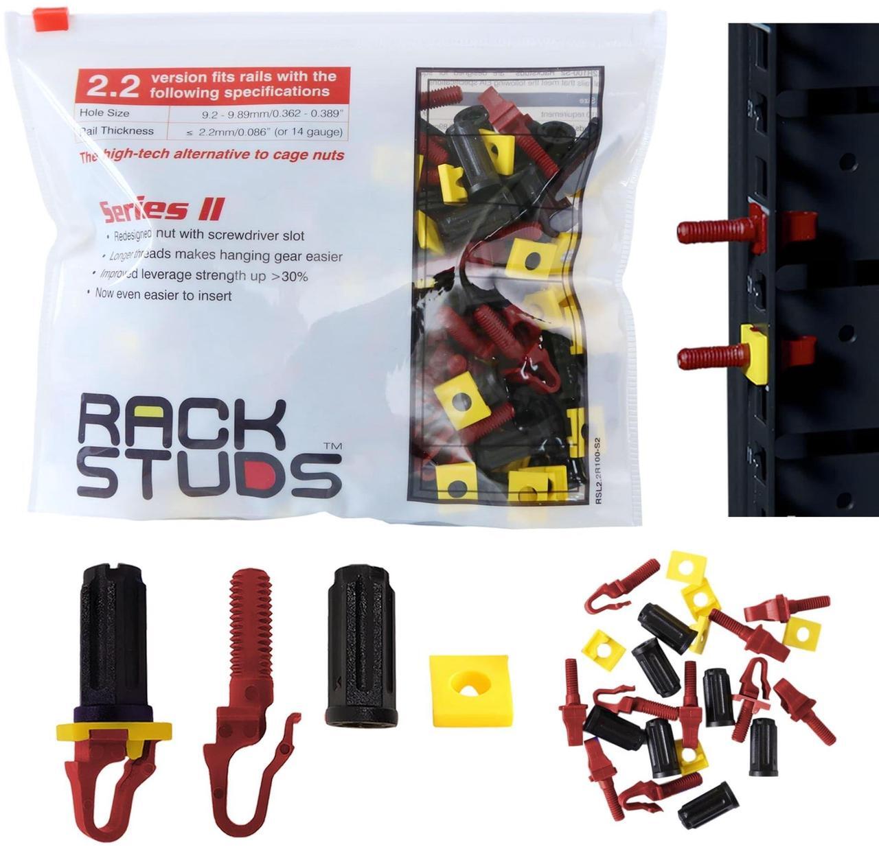 Main image of Rackstuds R100 II - Server Rack Screws for Server Rack Rails 19" Square Punched Vertical Rails, Perfect Cage Nut Replacement, Rack Nuts, Rack Studs Rack Mount Screws - Red 100-Pack 2.22mm/0.086