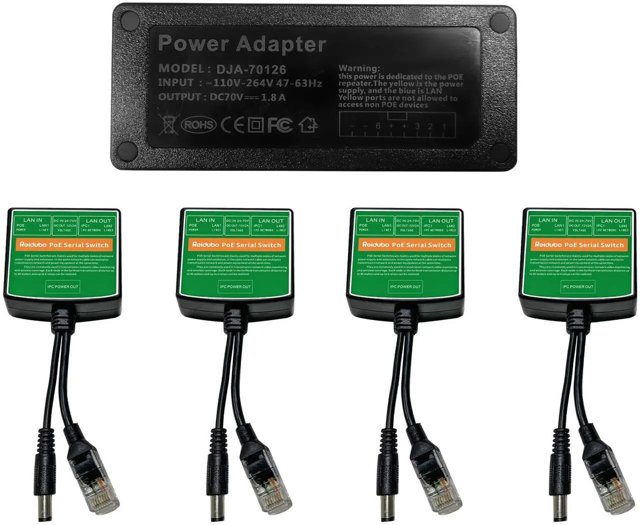 Main image of PoE Injector Adapter with 4 PoE Splitters 5.5x2.1mm 12V2A Output, PoE Serial Splitter Kit Comply IEEE 802.3af/at Standard, Total Distance Up to 1312 ft for Non-PoE Devices. (PoE Serial Switch Indoor)