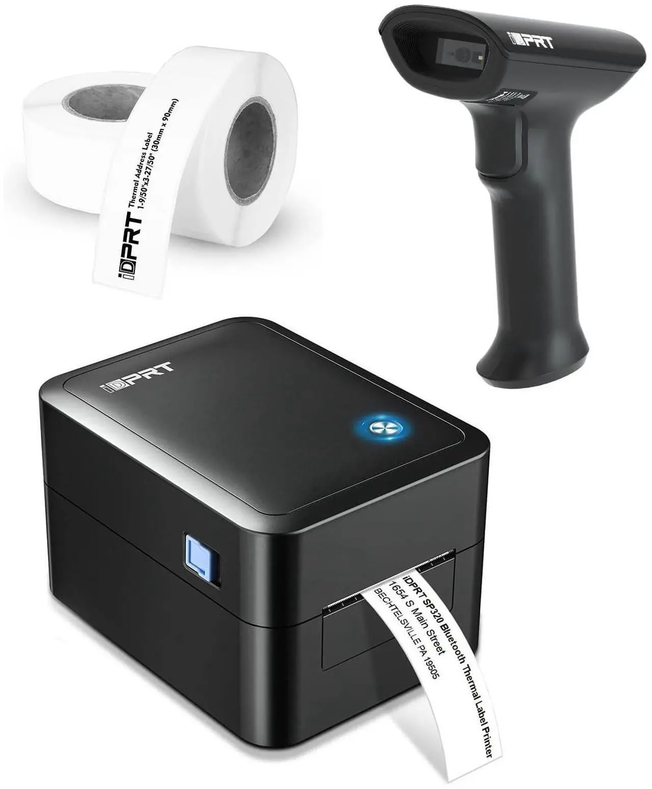 Main image of iDPRT Thermal Label Printer SP320 1D 2D Barcode Scanner 1358 with 600pcs Labels(2 Rolls of 300pcs)