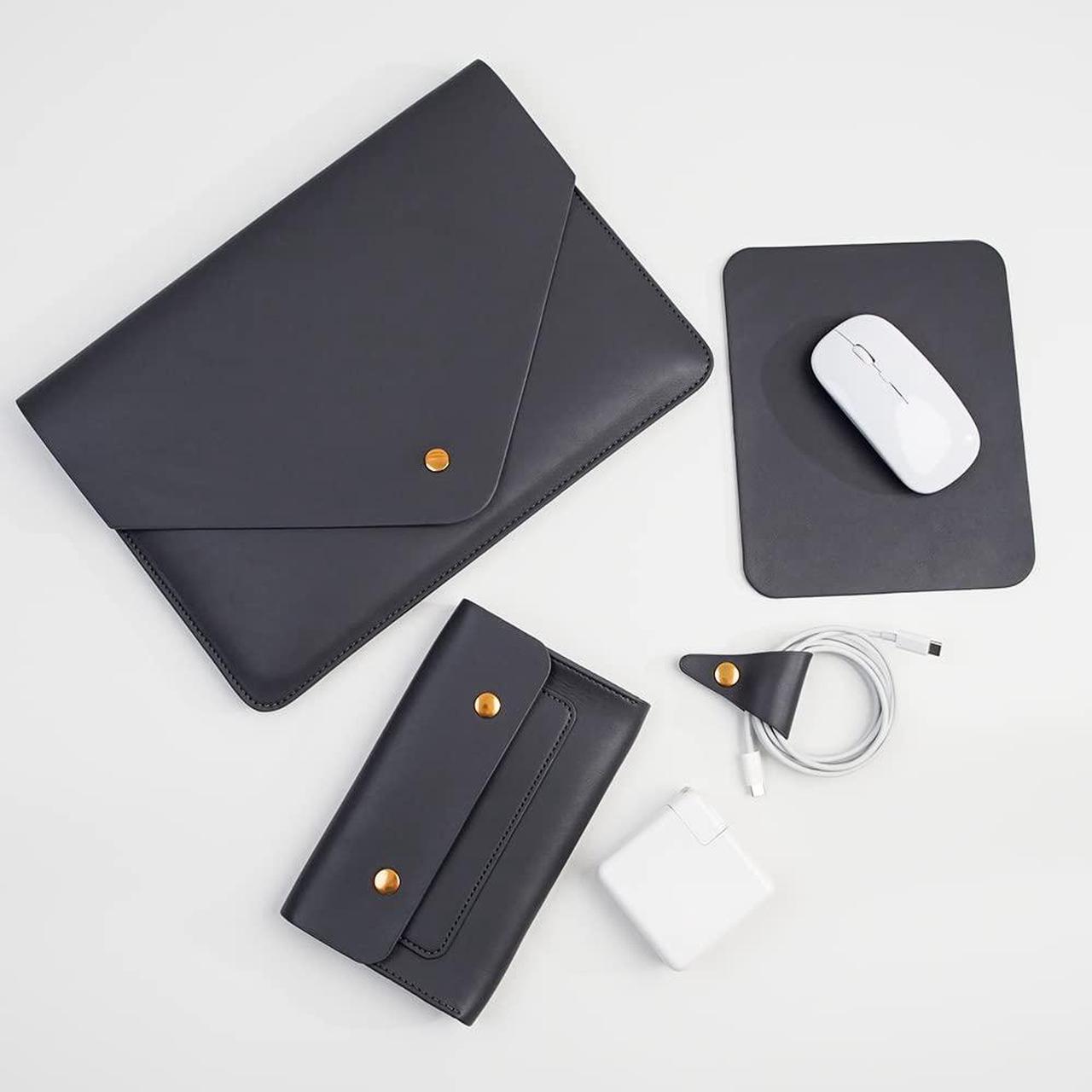 Main image of Benfan PU Leather Laptop Sleeve 13 Inch Compatible for 2024 13inch MacBook Air M3,13 MacBook Pro M2, Surface Pro 3 4 5 6 7, Dell XPS 13 with Small Pouch, Mouse Pad and Cord Organizer Color Dark Grey