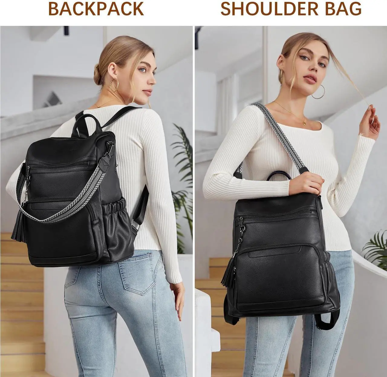 Alt view image 2 of 5 - BOSTANTEN Leather Laptop Backpack for Women Designer Travel Backpack with Laptop Compartment Ladies Computer Shoulder Bags Black