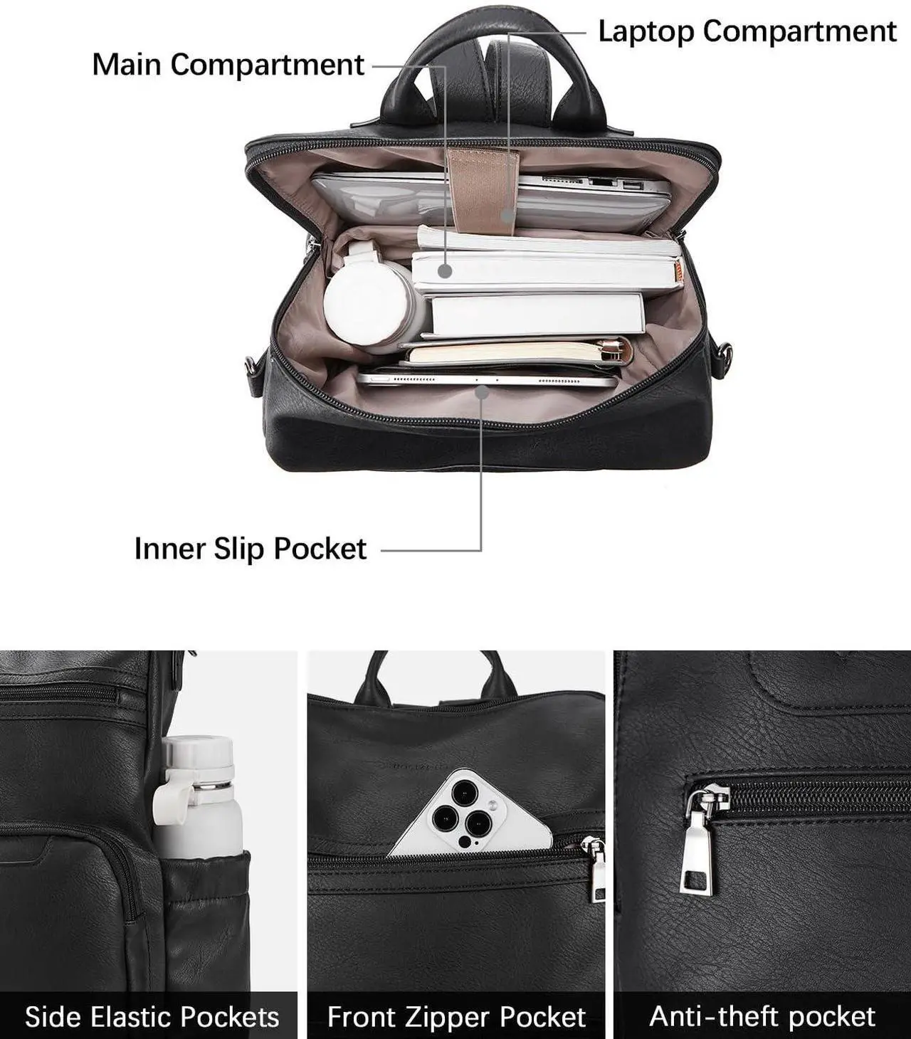 Alt view image 3 of 5 - BOSTANTEN Leather Laptop Backpack for Women Designer Travel Backpack with Laptop Compartment Ladies Computer Shoulder Bags Black