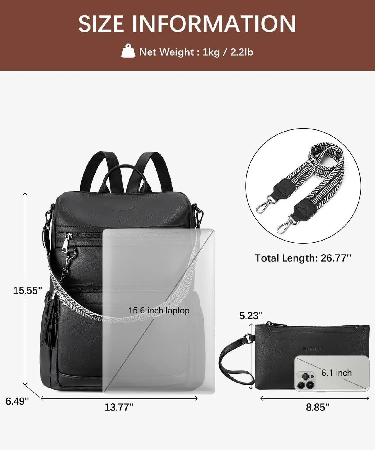 Alt view image 4 of 5 - BOSTANTEN Leather Laptop Backpack for Women Designer Travel Backpack with Laptop Compartment Ladies Computer Shoulder Bags Black