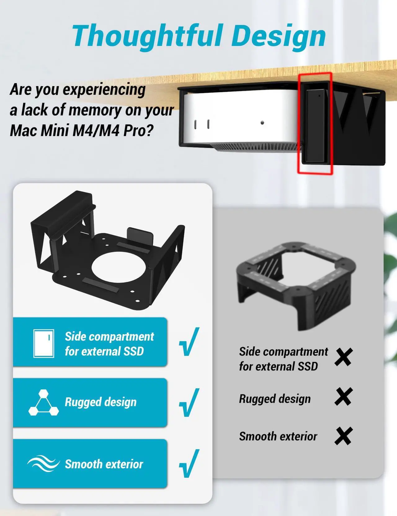 Alt view image 2 of 5 - Under Desk Mount Stand for Mac Mini M4/M4 Pro 2024, with Side Compartment for External SSD,Carbon Steel Wall Mount, Under Desk Mount, VESA Compatible with Mac-Mini M4 Pro 2024(Black)