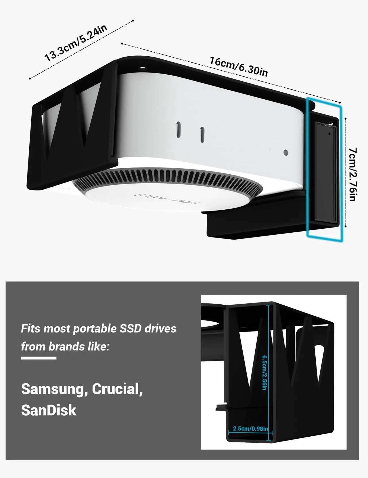 Alt view image 5 of 5 - Under Desk Mount Stand for Mac Mini M4/M4 Pro 2024, with Side Compartment for External SSD,Carbon Steel Wall Mount, Under Desk Mount, VESA Compatible with Mac-Mini M4 Pro 2024(Black)