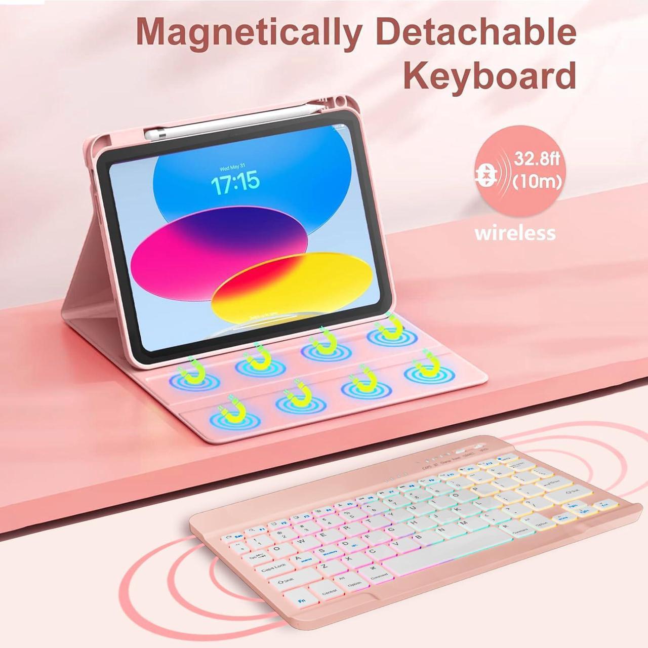 Alt view image 3 of 5 - Keyboard Case for iPad 10th Generation 10.9 Inch 2022/11 Inch A16 2025 (11th Generation) with 7-Color Backlit Magnetic Wireless Detachable Keyboard & Pencil Holder, for iPad (A16) 11th/10th Gen