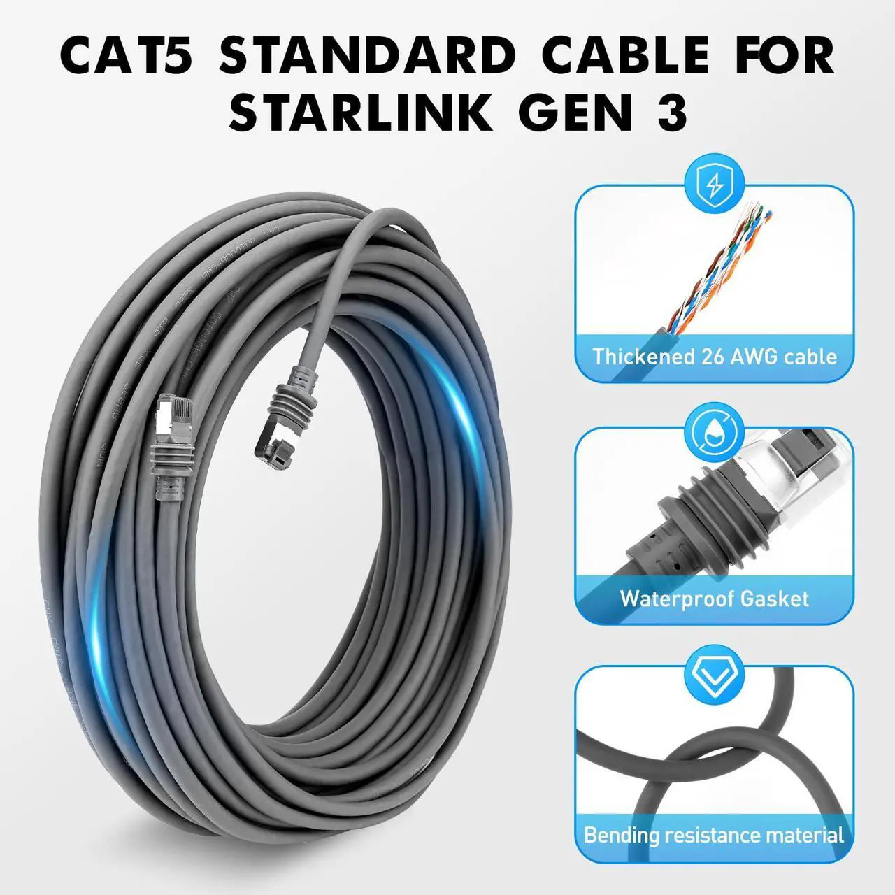 Alt view image 3 of 5 - 150FT(46M) Ethernet Cable for Starlink Cable Gen 3/Mini, High-Speed 26AWG Replacement Cable Compatible with Starlink Gen 3