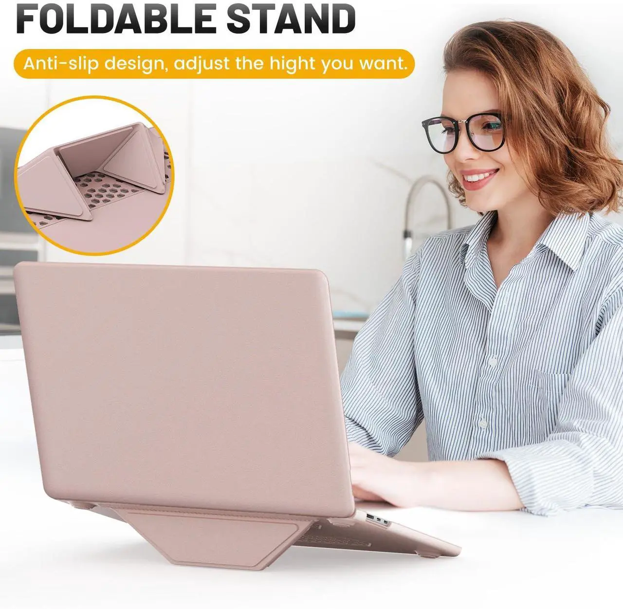 Alt view image 5 of 5 - HXCASEAC Case Compatible with MacBook Air 15 inch Case 2025 2024 2023 with Foldable Stand, Anti-Scratching Protective Hard Shell Cover for M4 M3 M2 A3114, A2941 PU Leather, Pink