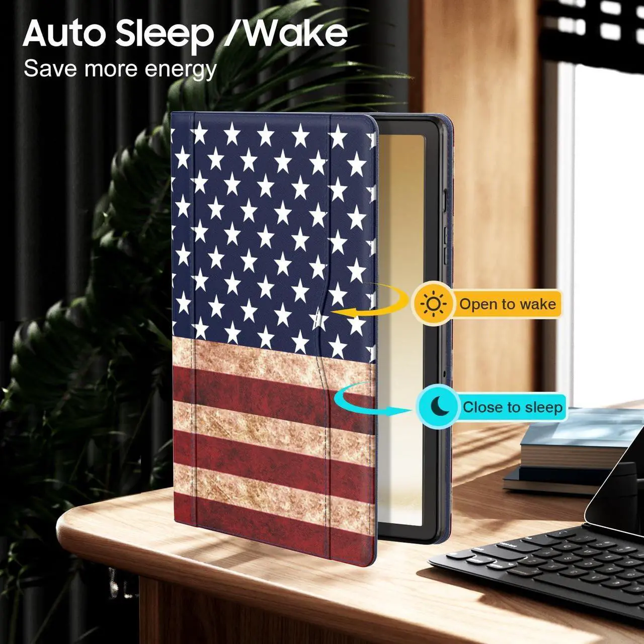 Alt view image 3 of 5 - OKP Case for Samsug Galaxy Tab A9+ Plus 11 inch 2024(SM-X210/X216/X218), PU Leather Folio Cover with Multi-Angle Stand//Pen Holder, Auto Wake/Sleep Case for Galaxy A9+ 11" Tablet (Flag)