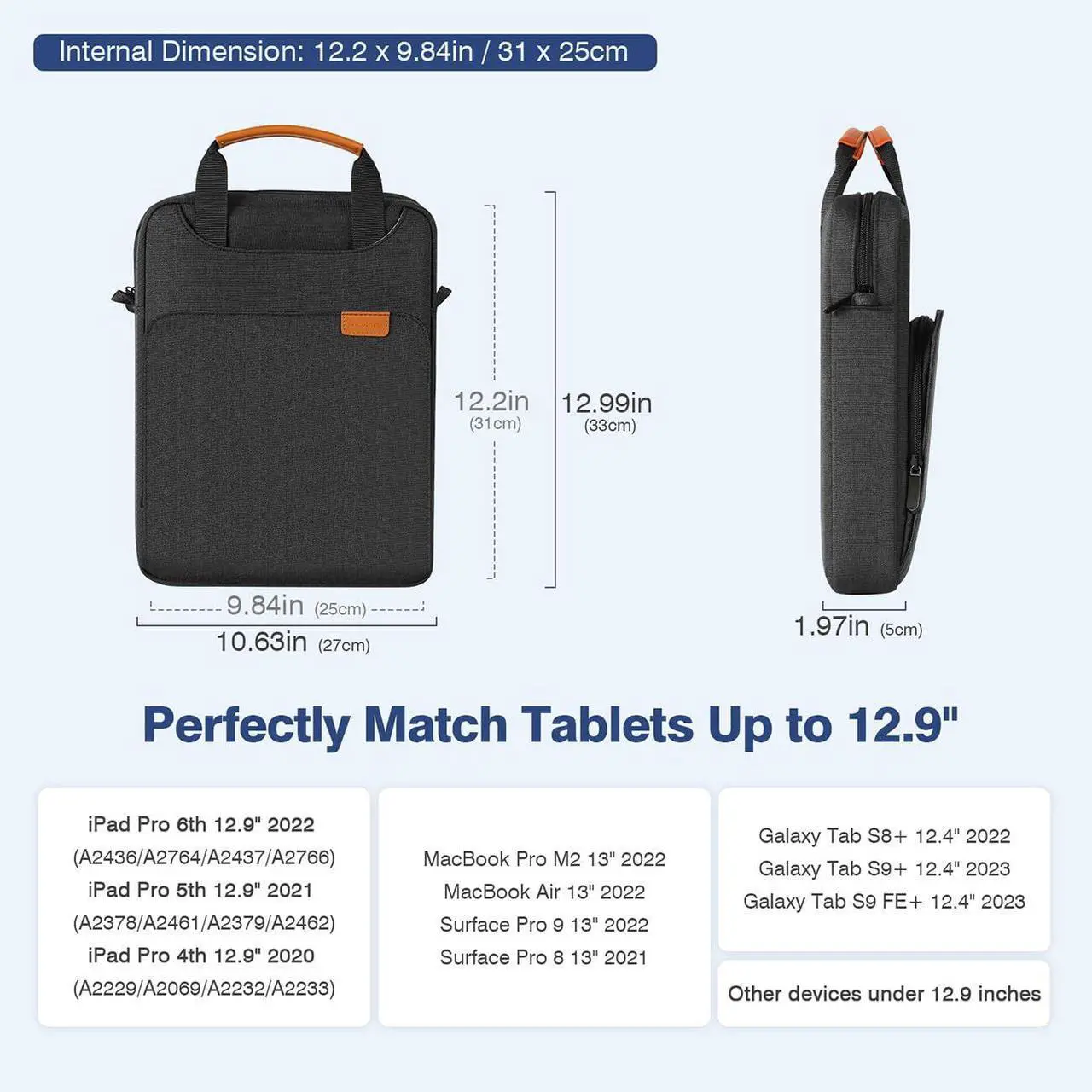 Alt view image 2 of 5 - MoKo 12.9 Inch Tablet Shoulder Sleeve Bag, Fits 13 Inch New iPad Pro M4 & Air M2 2024, iPad Pro 12.9 inch M2&M1, Surface Laptop Go 12.4", Galaxy Tab S8+/S9+ 12.4" 2022/2023, Black & Gray