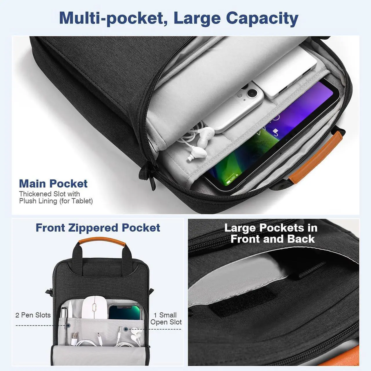 Alt view image 3 of 5 - MoKo 12.9 Inch Tablet Shoulder Sleeve Bag, Fits 13 Inch New iPad Pro M4 & Air M2 2024, iPad Pro 12.9 inch M2&M1, Surface Laptop Go 12.4", Galaxy Tab S8+/S9+ 12.4" 2022/2023, Black & Gray