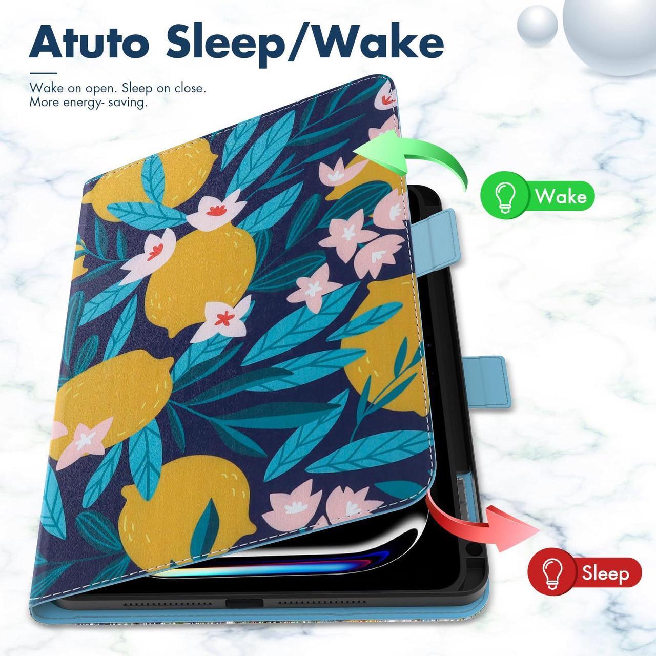 Alt view image 2 of 5 - Dteck for iPad Pro 13-Inch M4 Case 2024 (A2925/A2926/A3007), PU Leather Folio Case with Stand & Auto Sleep Wake Function, Built-in Pencil Holder & Hand Strap, Protective Cute Flip Cover, Yellow Lemon