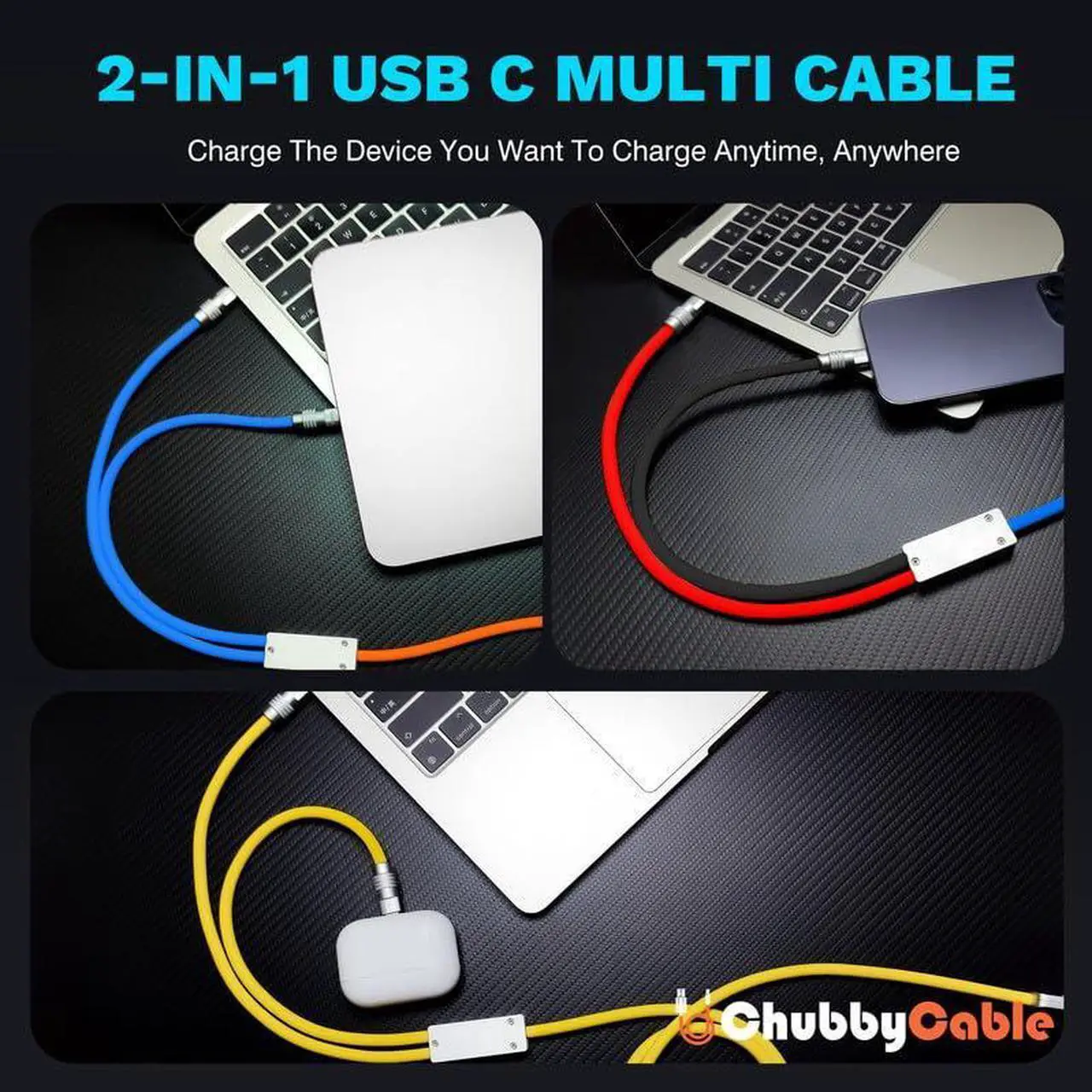 Alt view image 2 of 5 - chubbycable 2 in 1 USB C Cable 100W Charge Cable Durable Multi Fast Charging Cable Ultra-Thick Silicone Universal Phone Charger Cord, White, 4.2FT