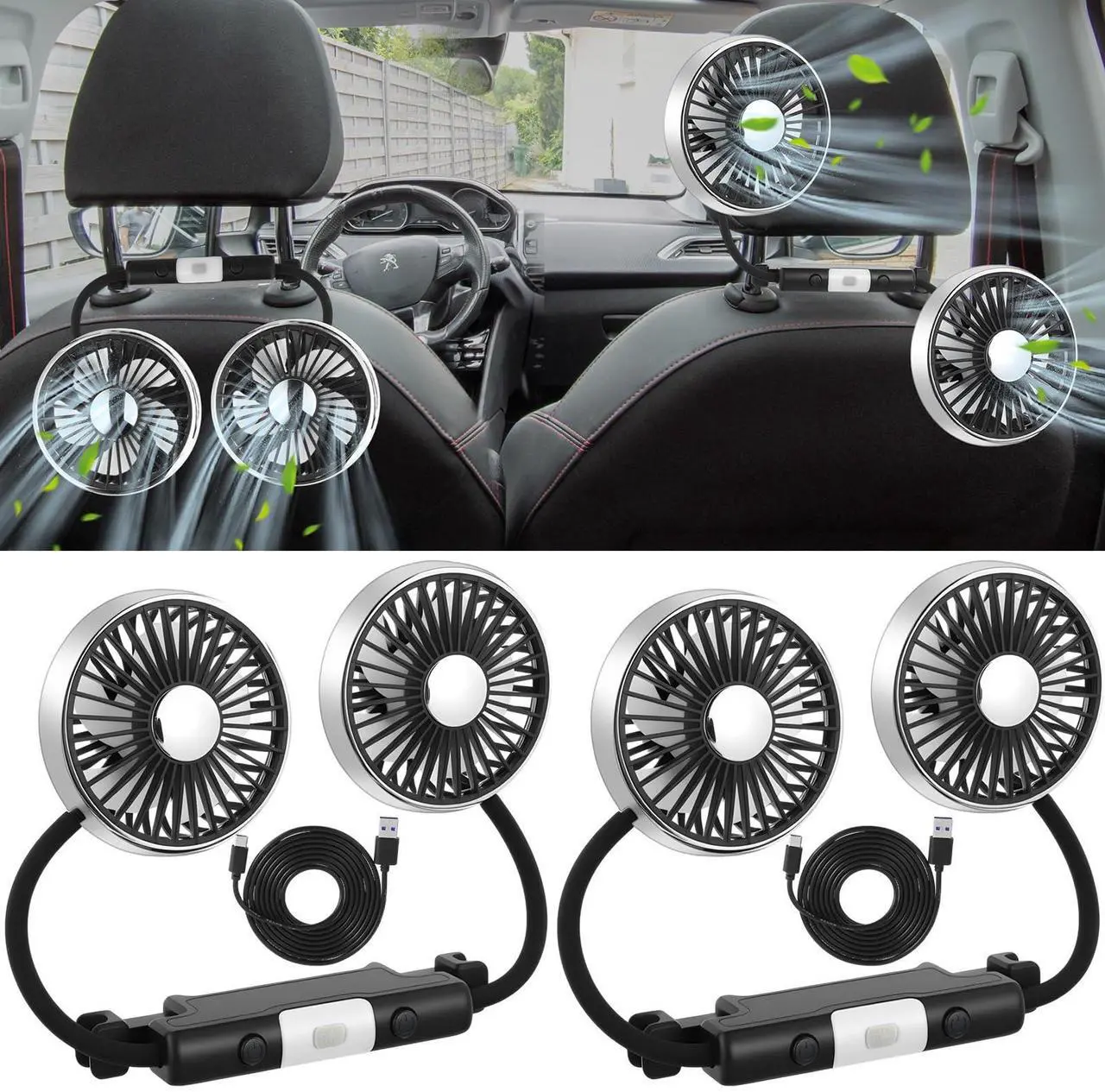 Main image of DaisyInner 2 Pcs Car Fan for Backseat Dual Car Backseat Cooling Fans 360 Degree Rotatable Car Seat Fan with LED Light USB Car Rear Seat Fan for SUV RV Sedan Cruise Van Boat